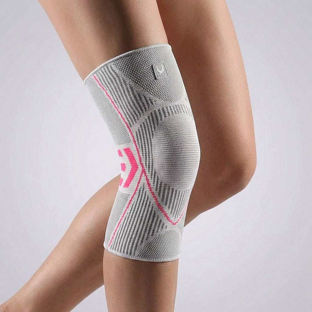Knit compression knee sleeve in Grey, worn on the knee