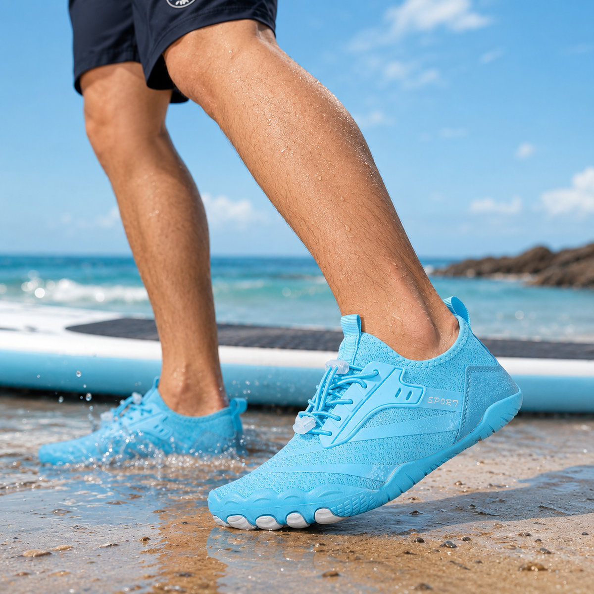 Water shoes in the shallows next to a paddle board