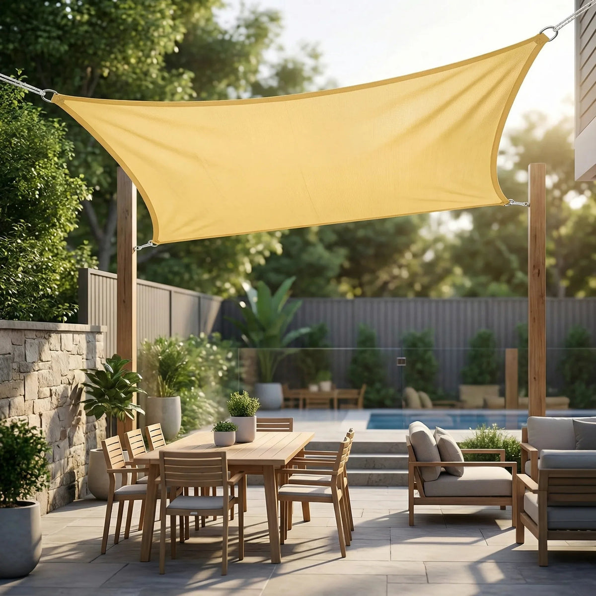 Shade sail over an outdoor dining area