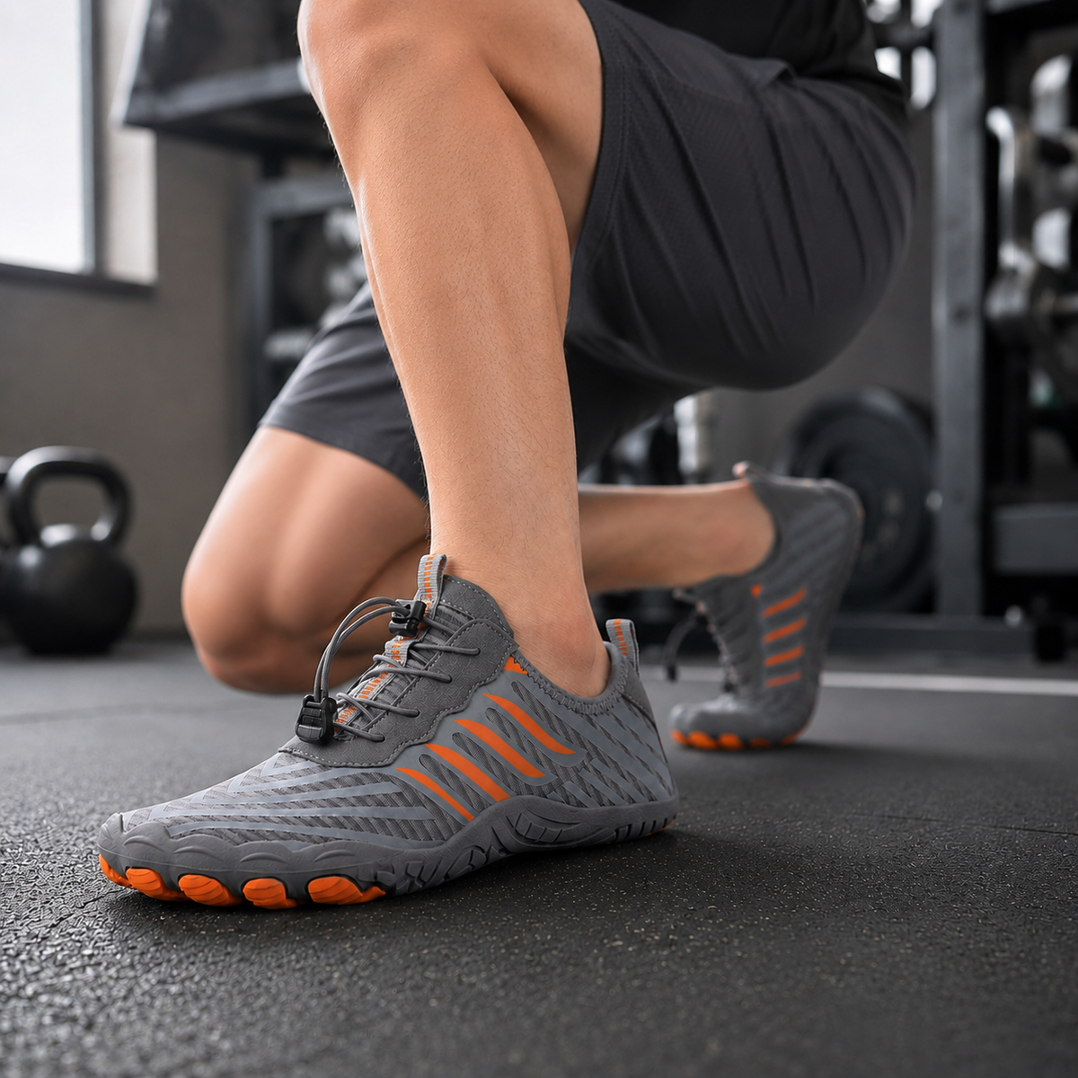 Lunge in barefoot gym shoes in a weights room