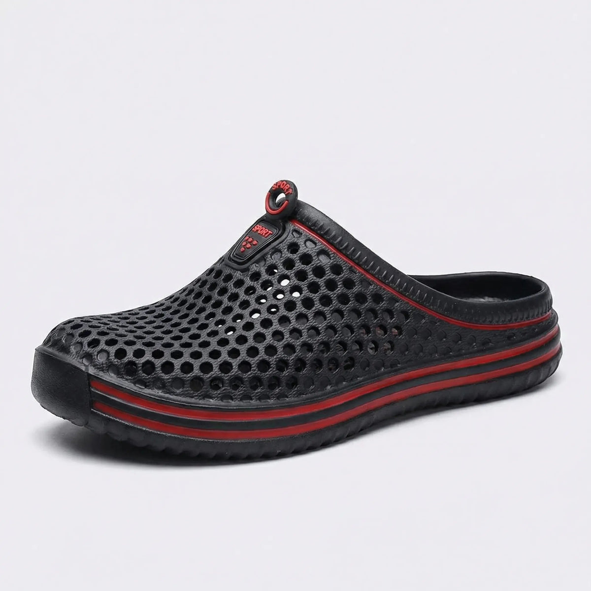 EVA clogs in Black with red striped sole, side view