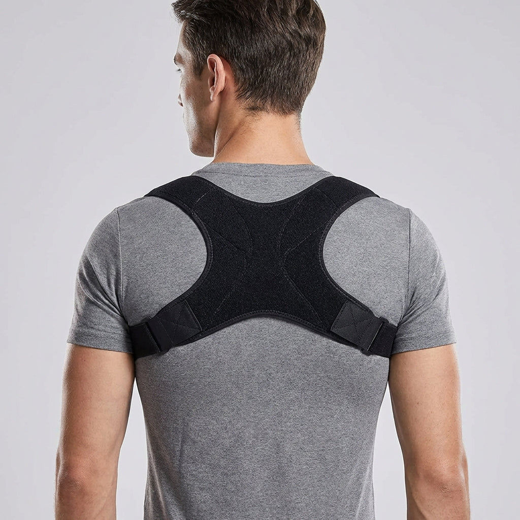 Man wearing the back and shoulder brace over a grey T-shirt, back view