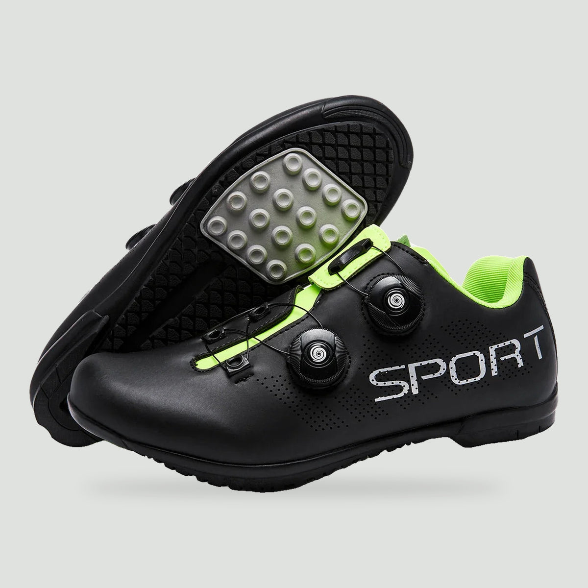 Flat pedal cycling shoes in Black Green with dual dial closure