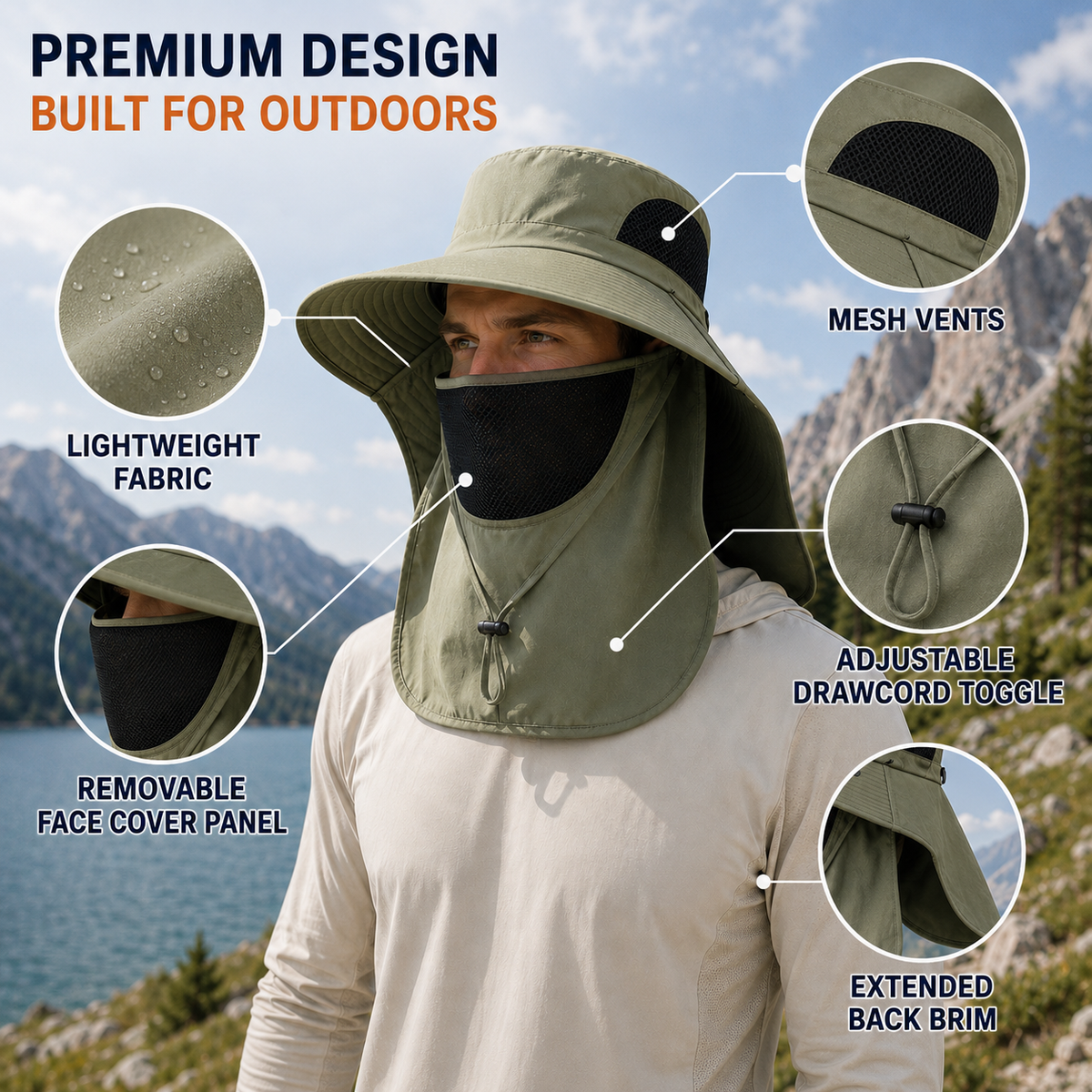 Fishing hat details: mesh vents, drawcord toggle, removable face cover and extended back brim
