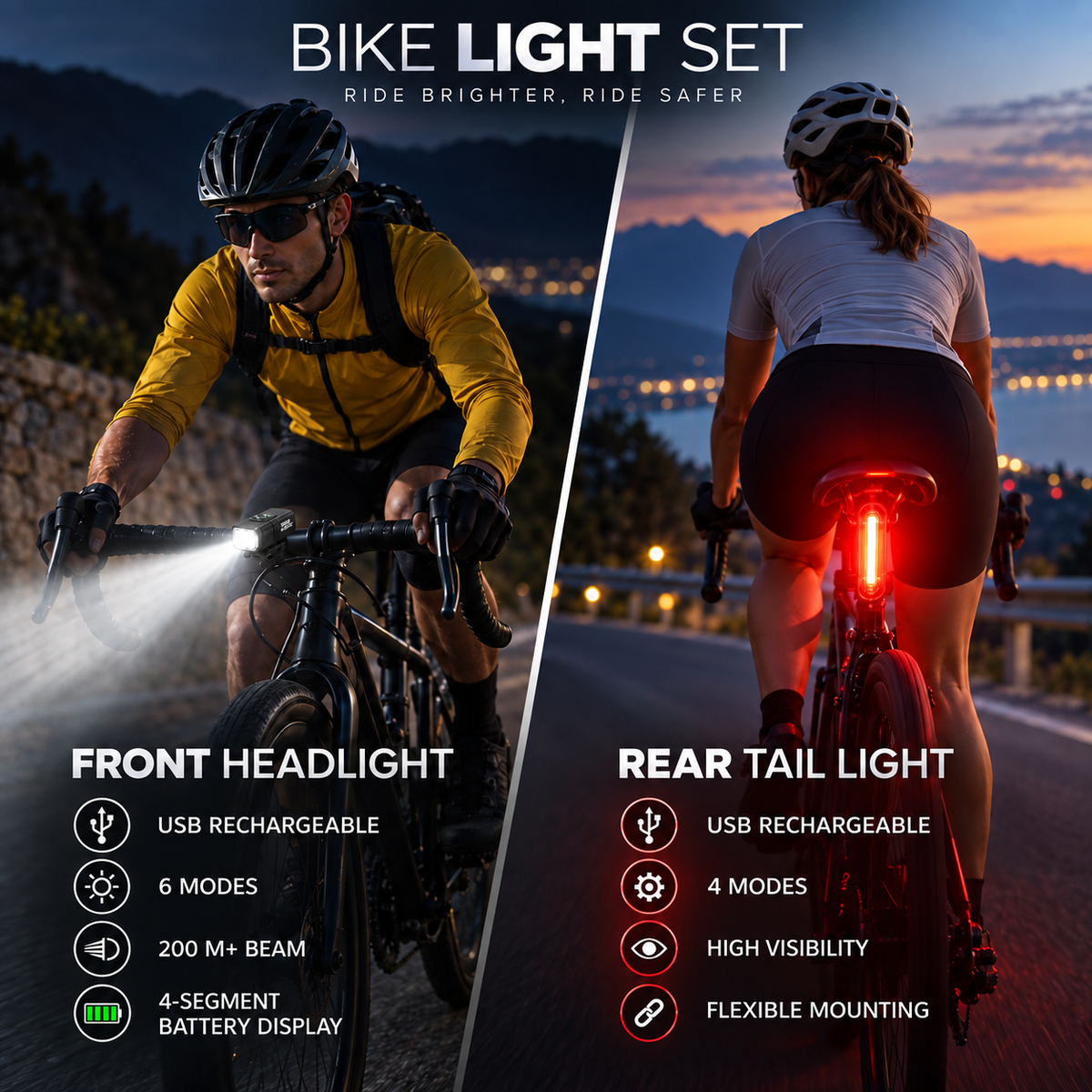 Bike light set with a front headlight and a rear tail light