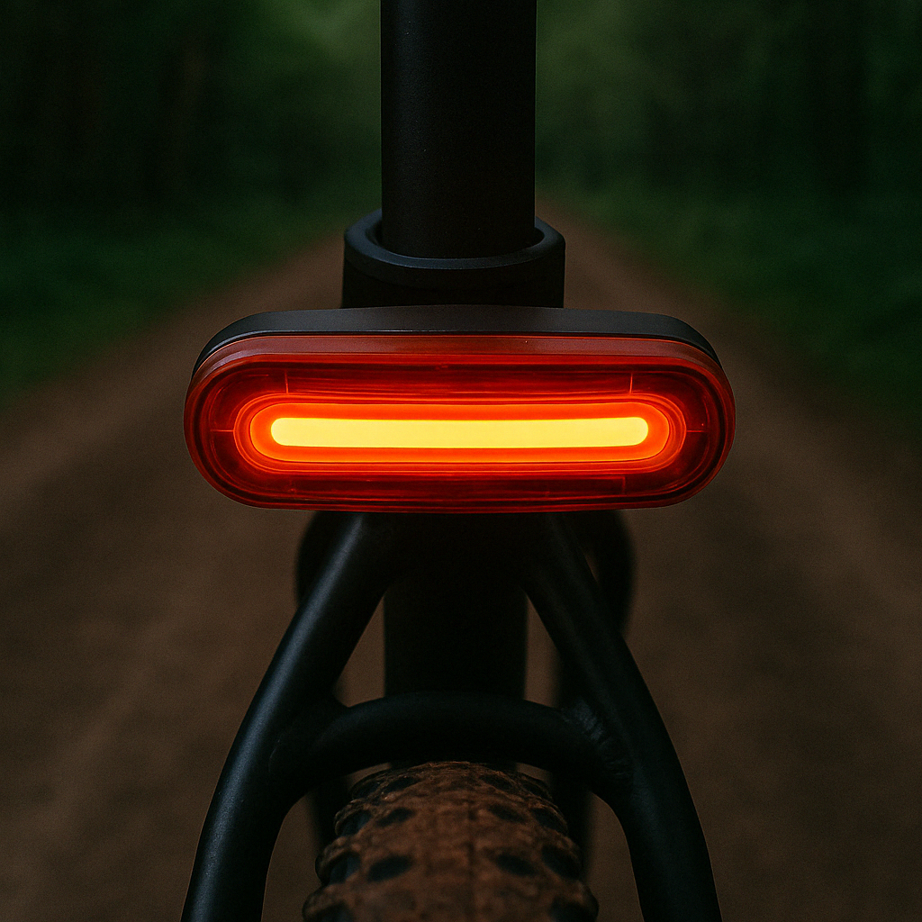 Rear bike light glowing red on a seat post on a dirt track