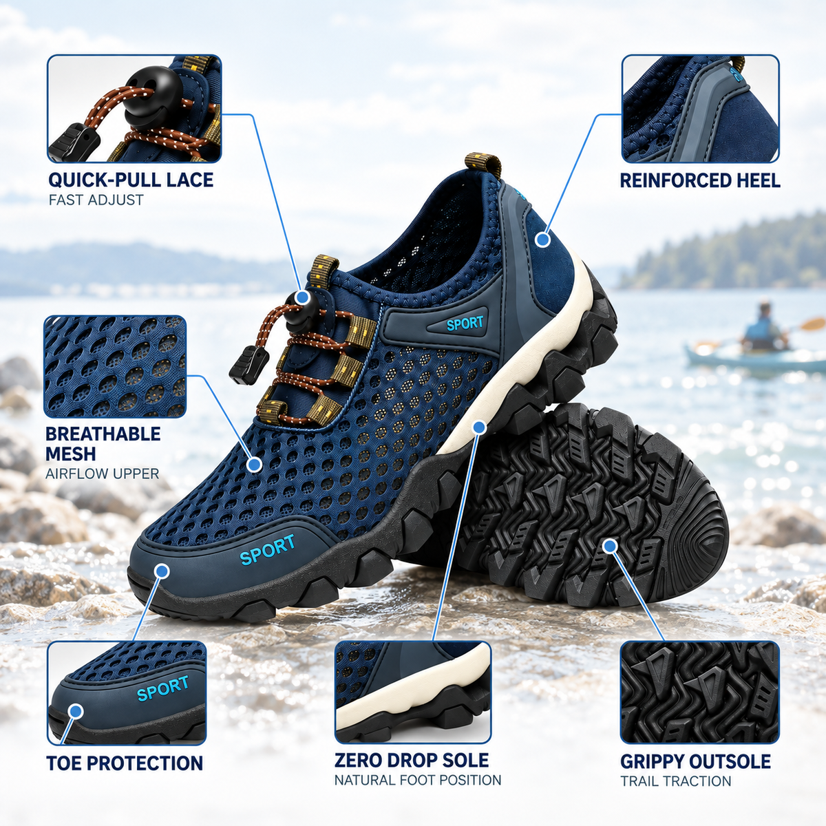Quick pull lace, reinforced heel and breathable mesh