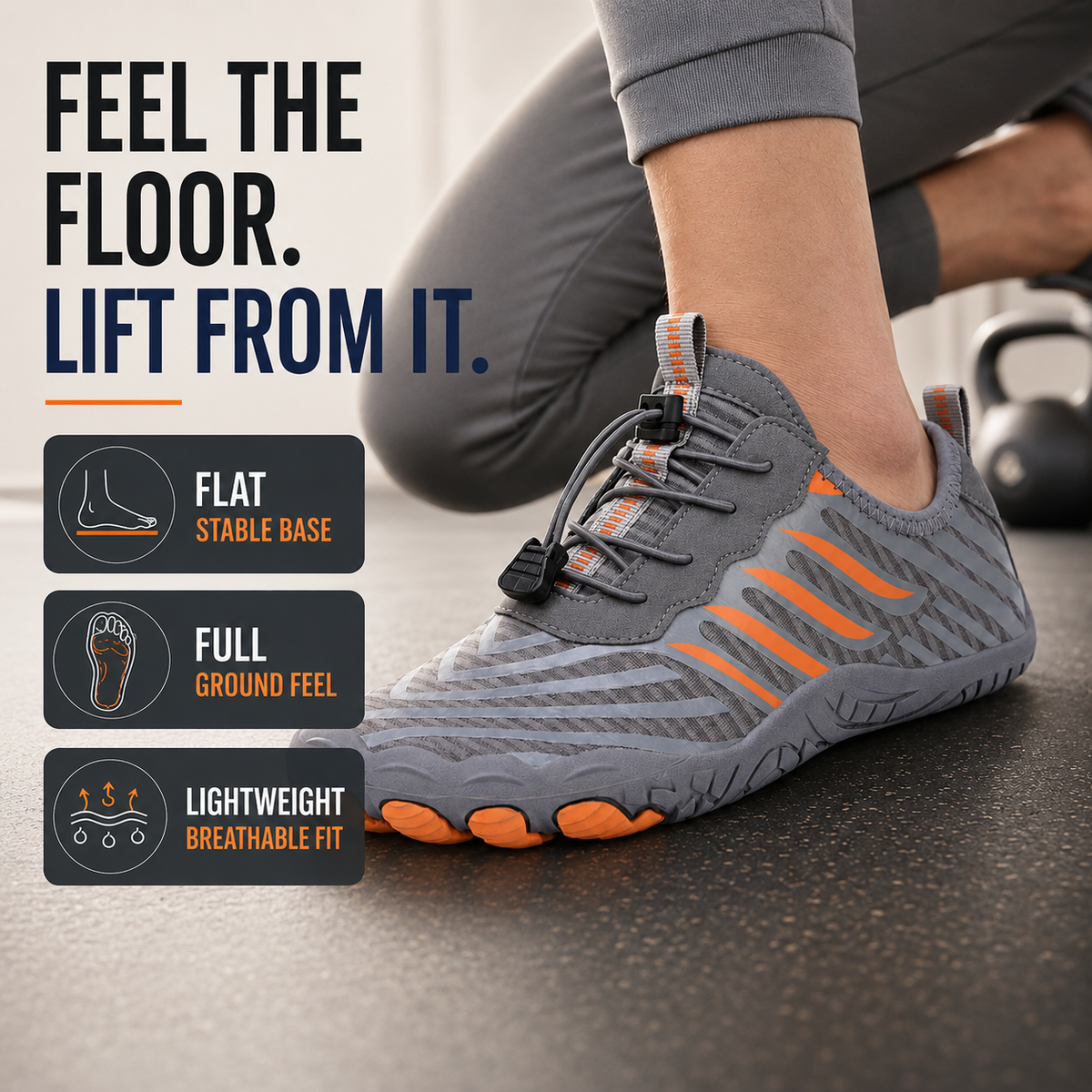 Flat stable base, full ground feel, lightweight breathable fit