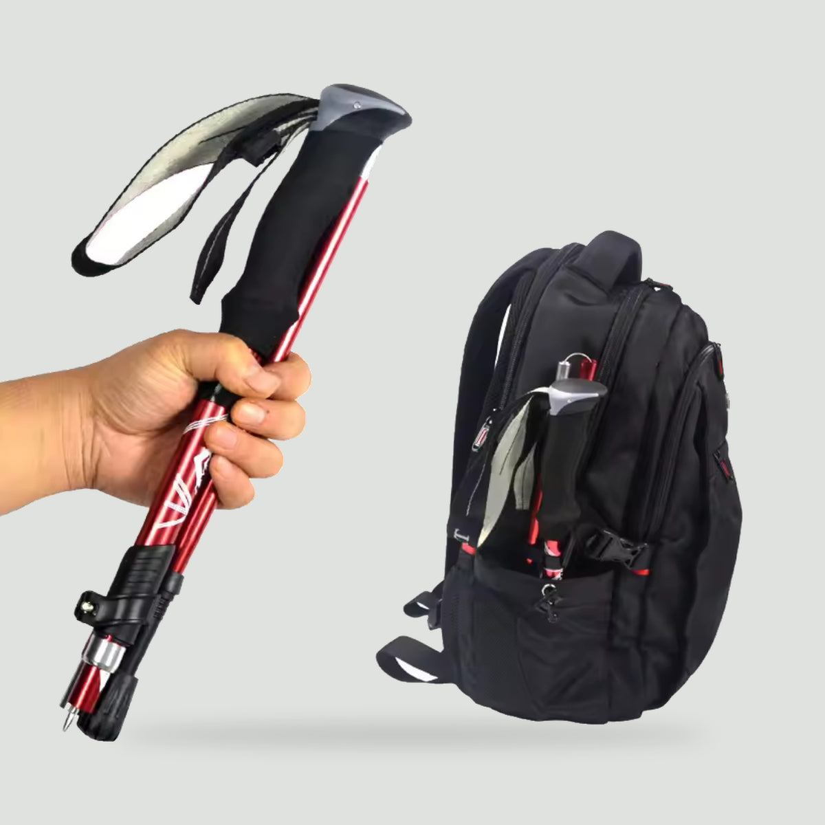 Folding hiking pole held next to a backpack it fits into
