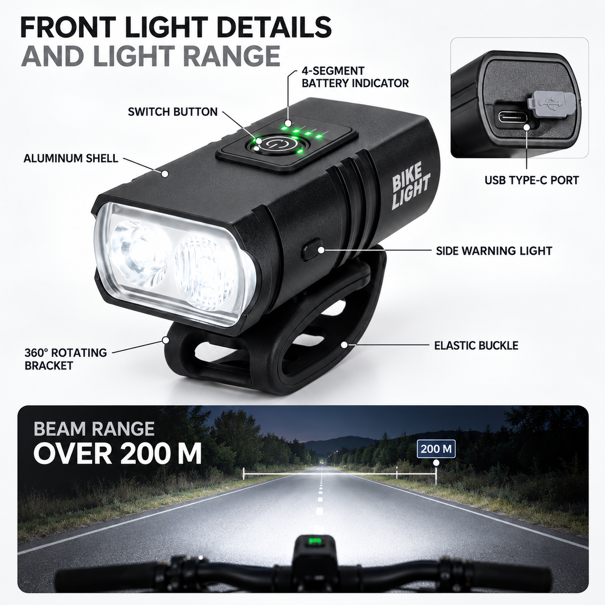 Front light details and beam range over 200 m
