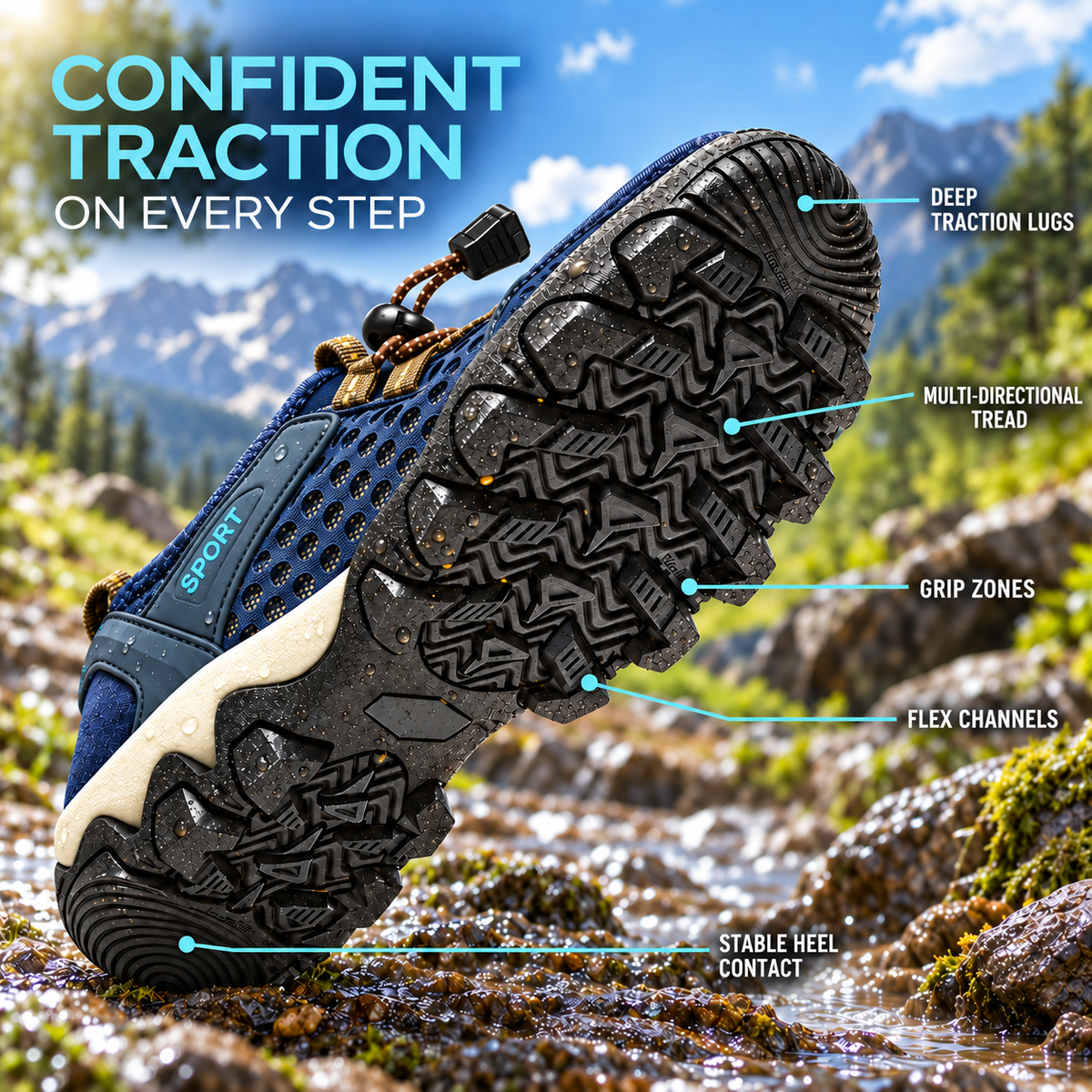 Grippy outsole for wet rocks