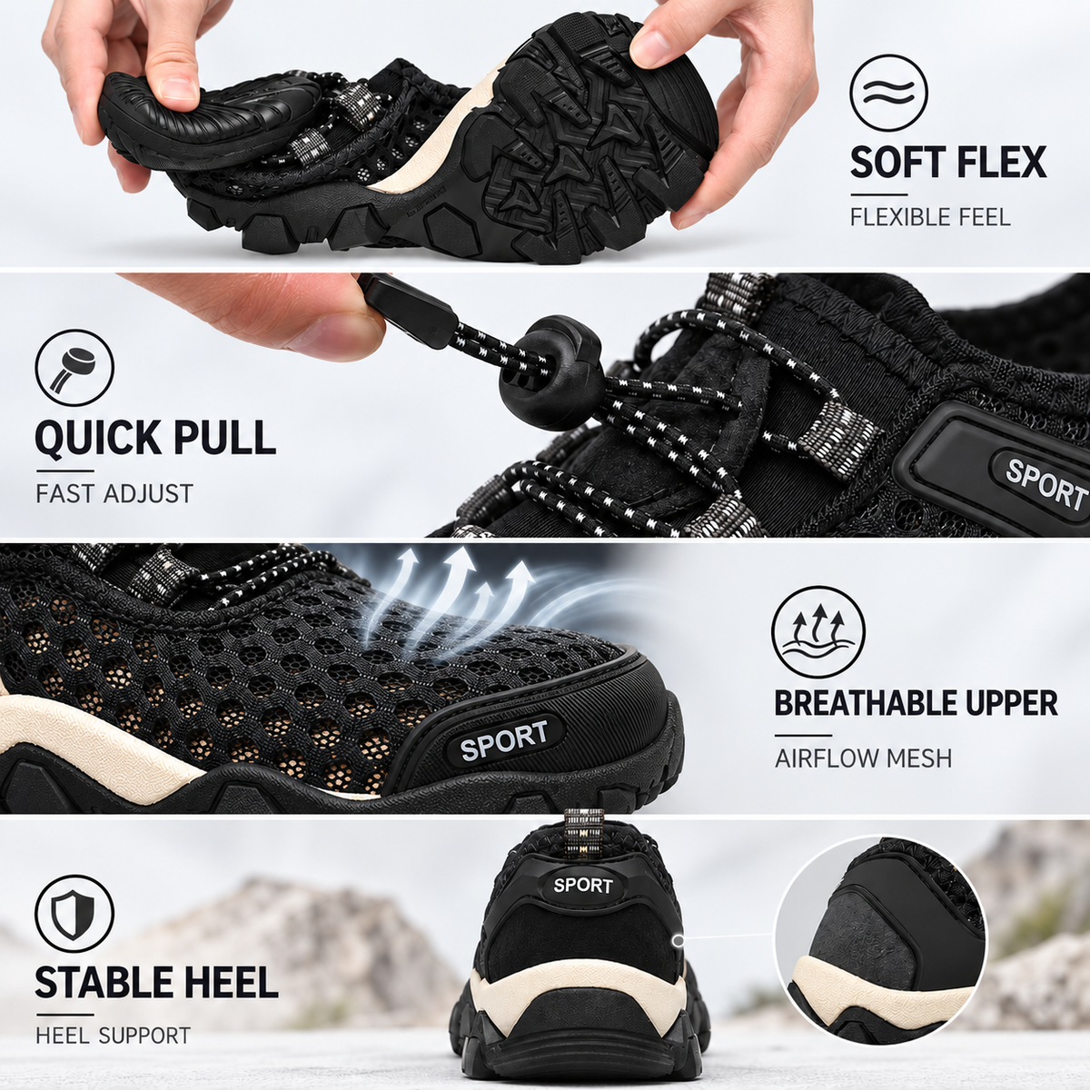Soft flex, quick pull and stable heel
