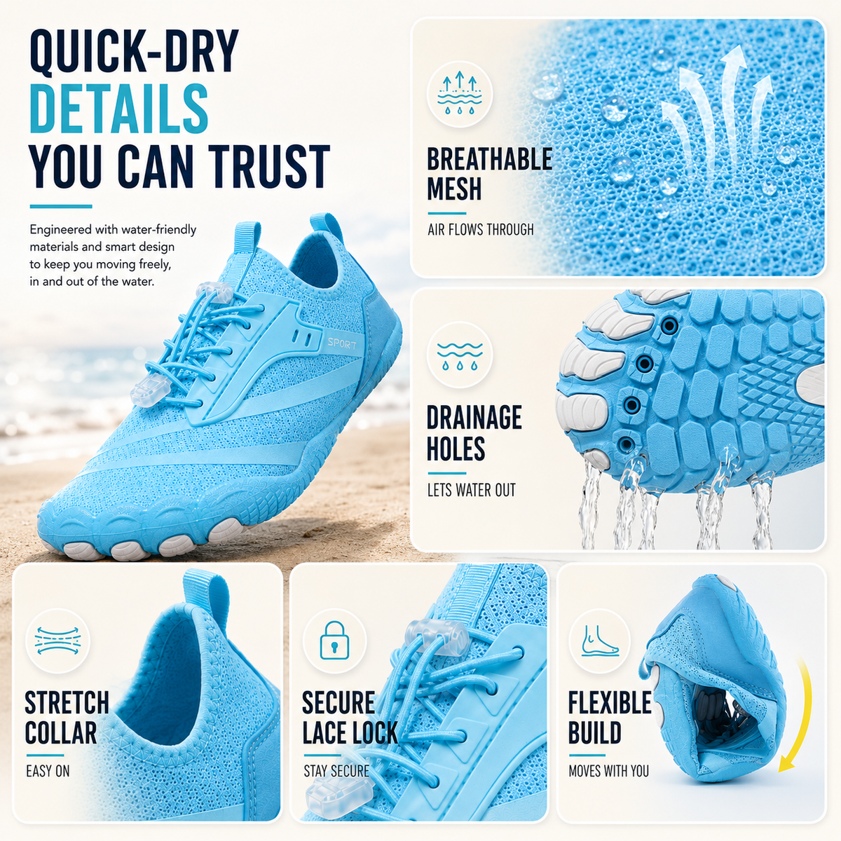 Breathable mesh, drainage holes and secure lace lock