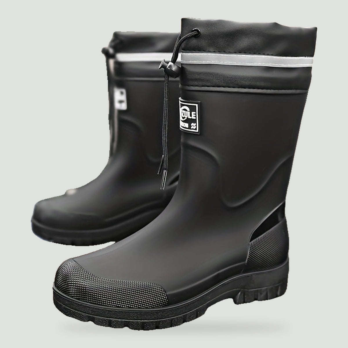 Men's gumboots in Black, mid calf rubber boots with drawstring collar