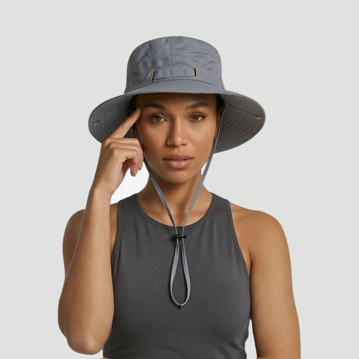 Woman wearing the lightweight boonie hat in Grey
