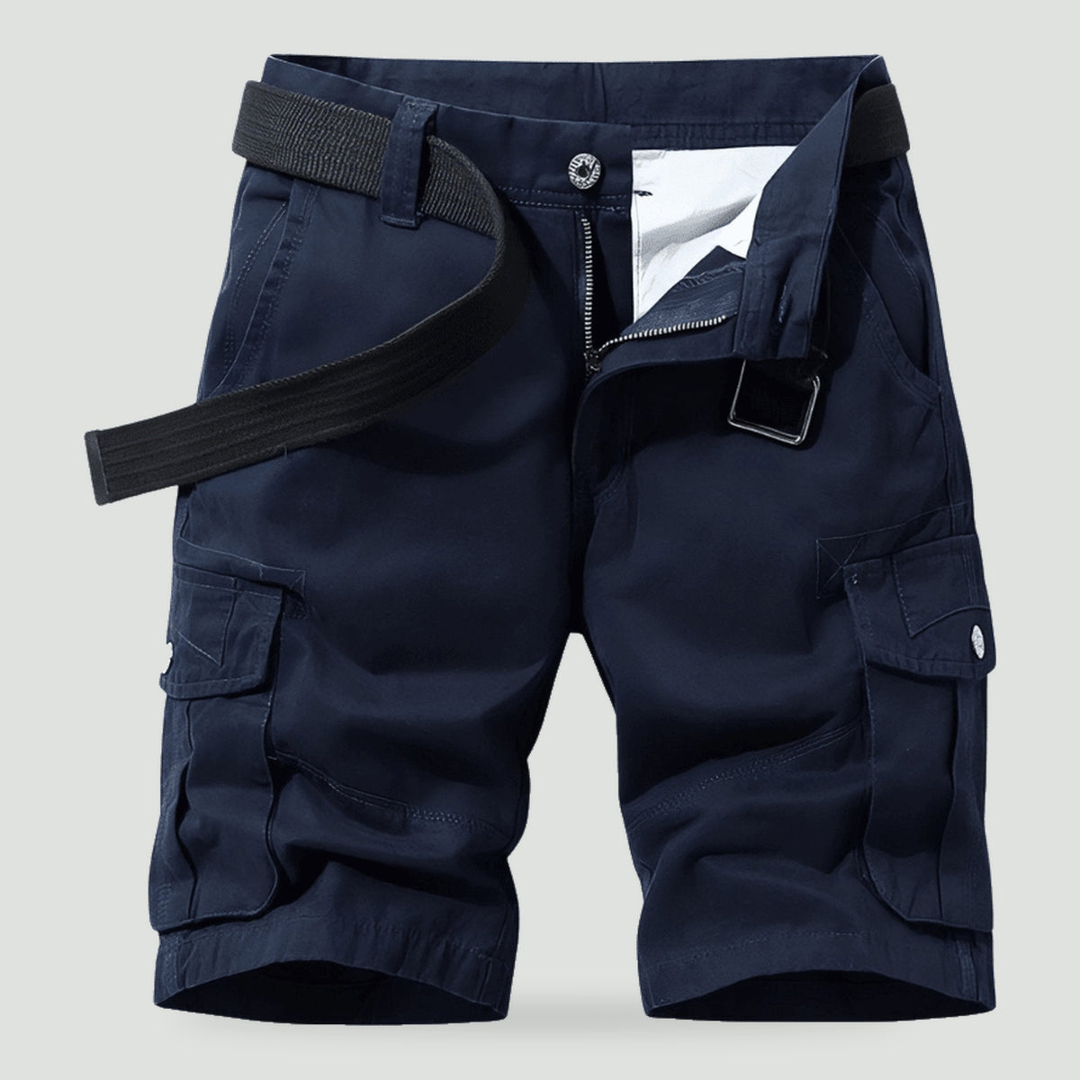 Men's cotton cargo hiking shorts in Navy Blue, flat front view
