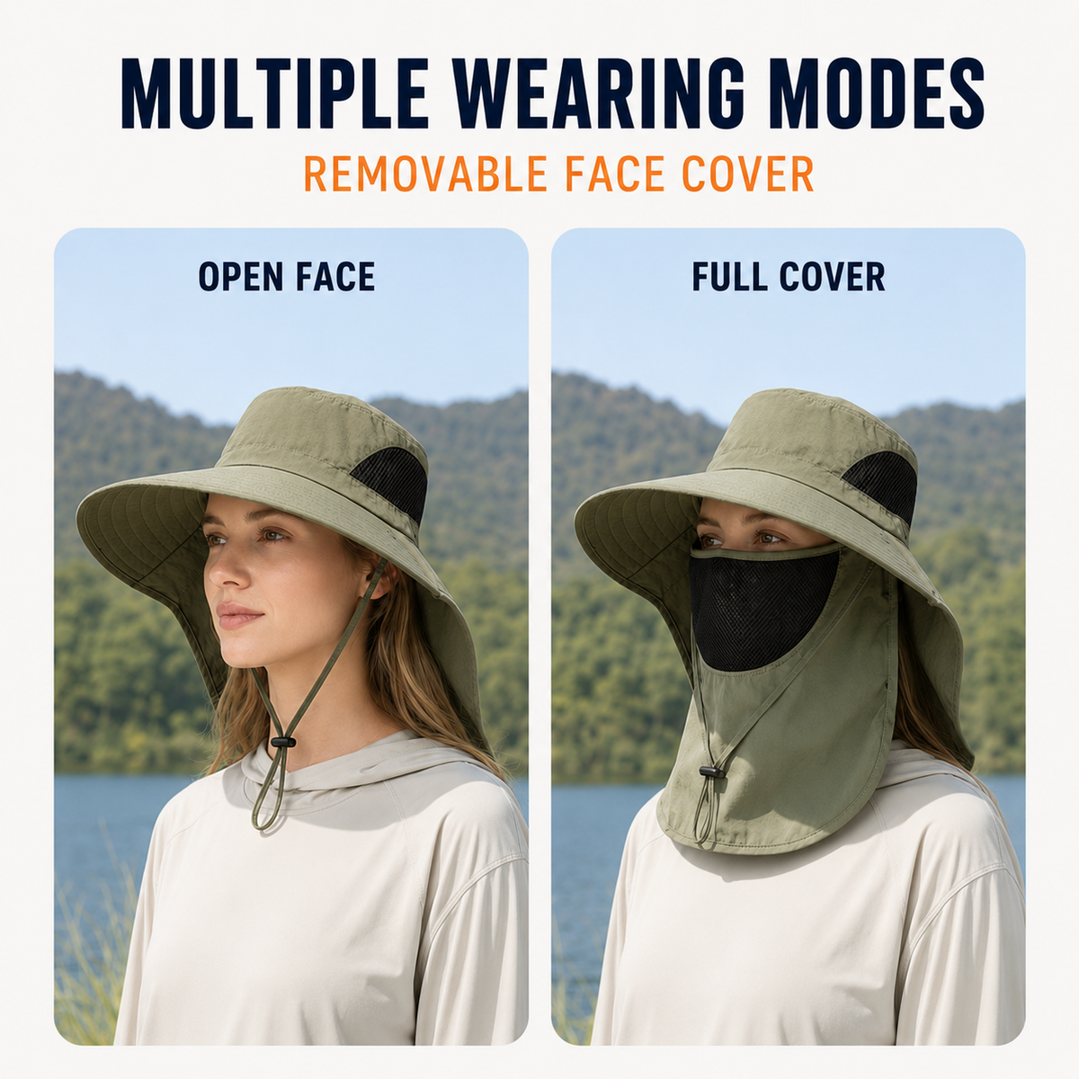 Fishing hat worn two ways: open face and full face cover