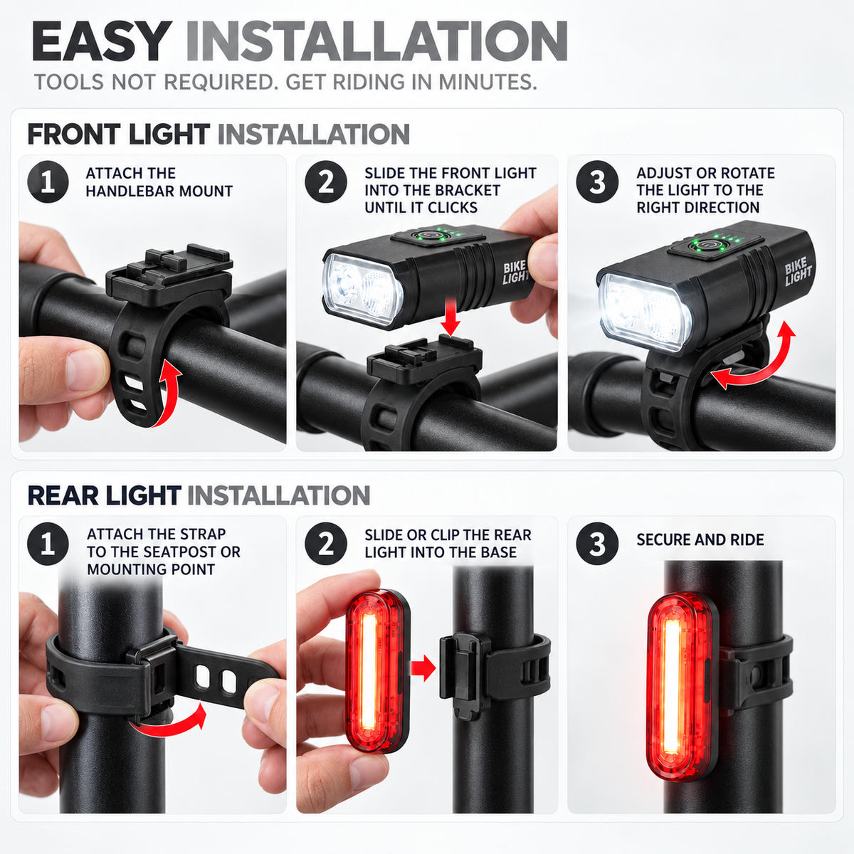 Tool-free installation of the front and rear light
