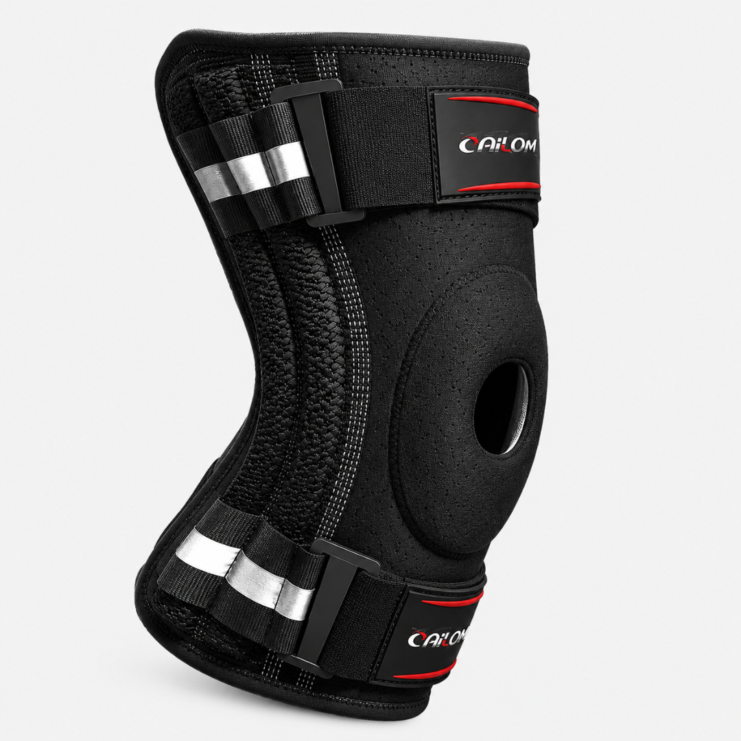 Hinged knee support in Black with side hinges and adjustable straps