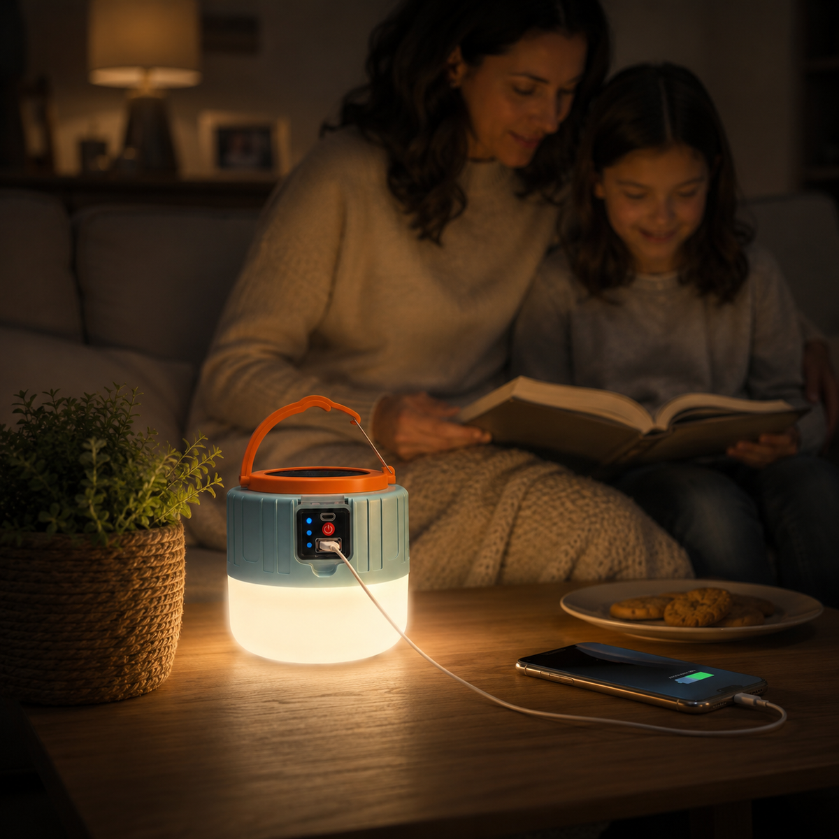Lantern on a table at night