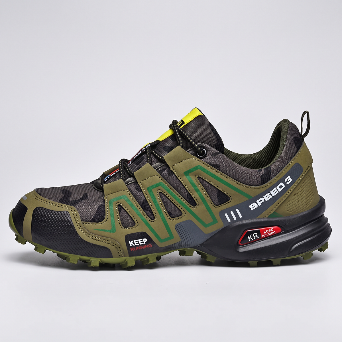 Men's trail running shoes in camo green - lateral view