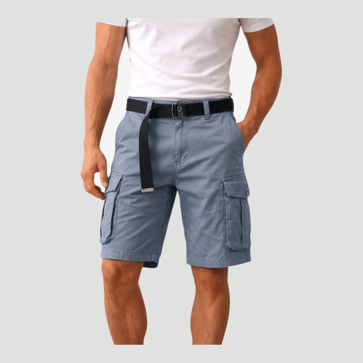 Man wearing the men's hiking shorts in Blue Grey
