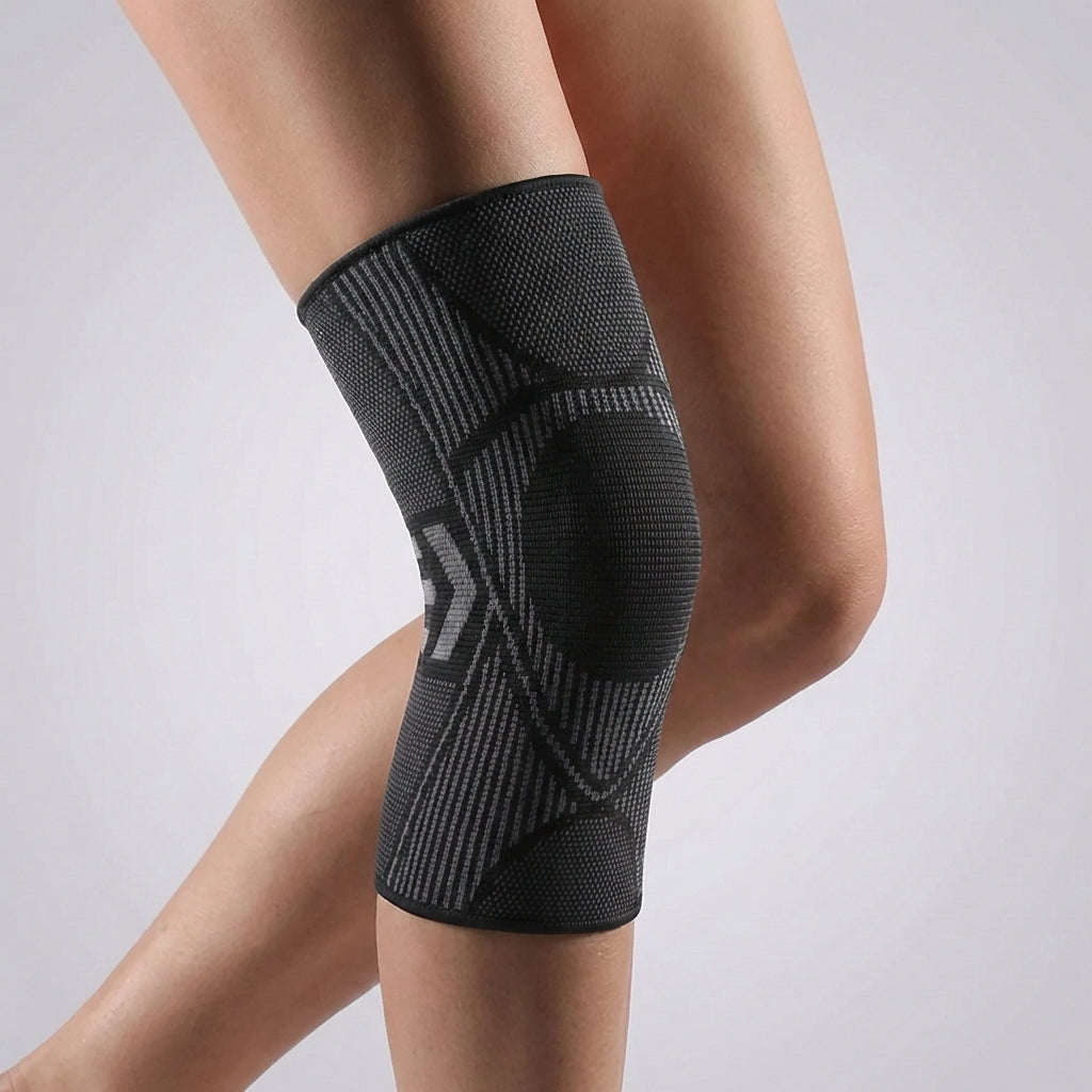 Knit compression knee sleeve in Black, worn on the knee