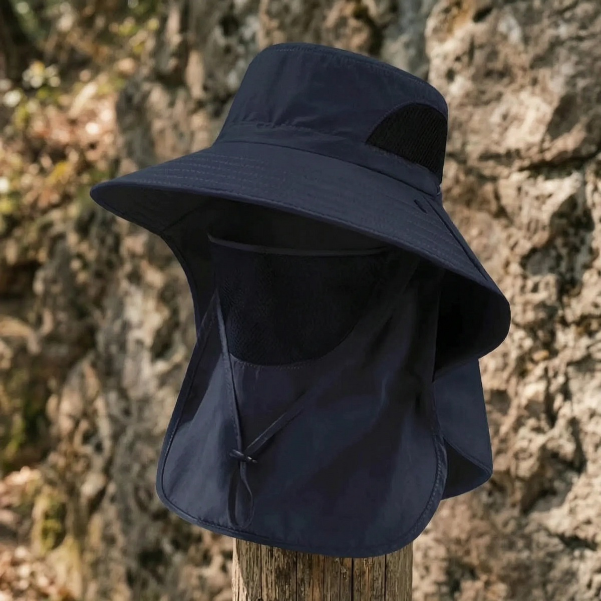 Fishing hat in Navy Blue with face cover and neck flap