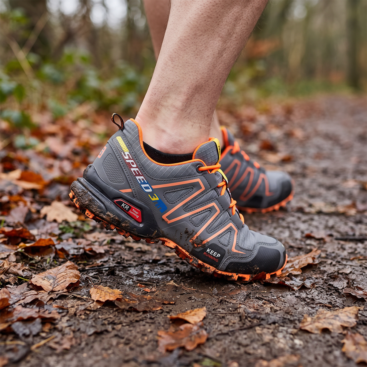 trail running shoes on rocky outdoor trail in motion