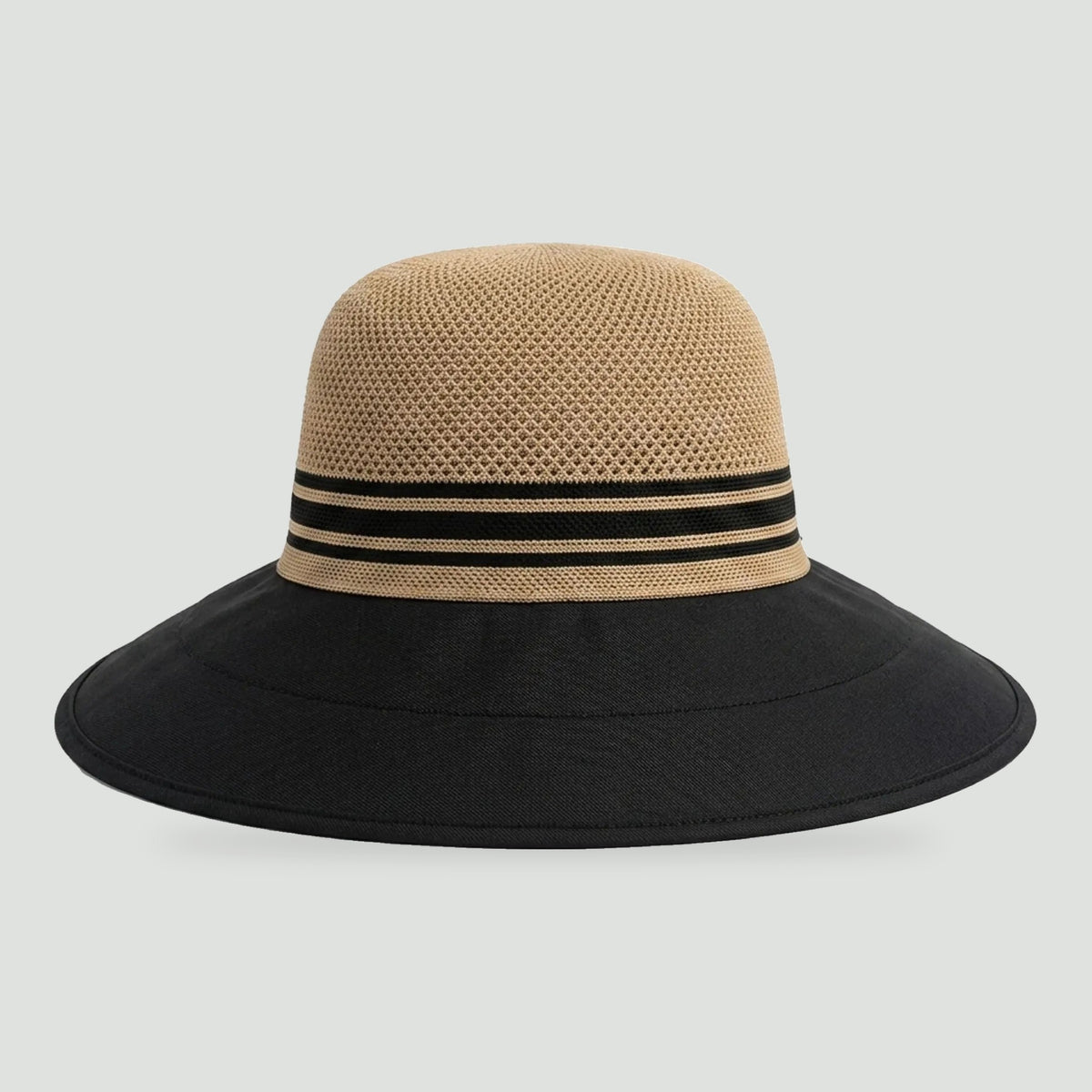 Women's sun hat in Khaki with tan knit crown, striped band and black brim, front view