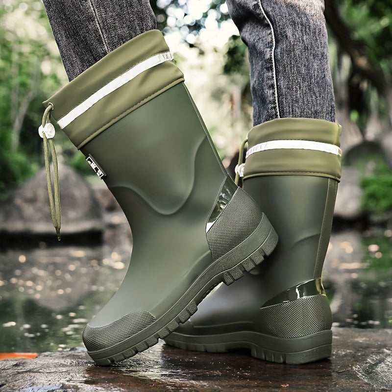 Man walking on wet rocks in the men's gumboots in Olive Green