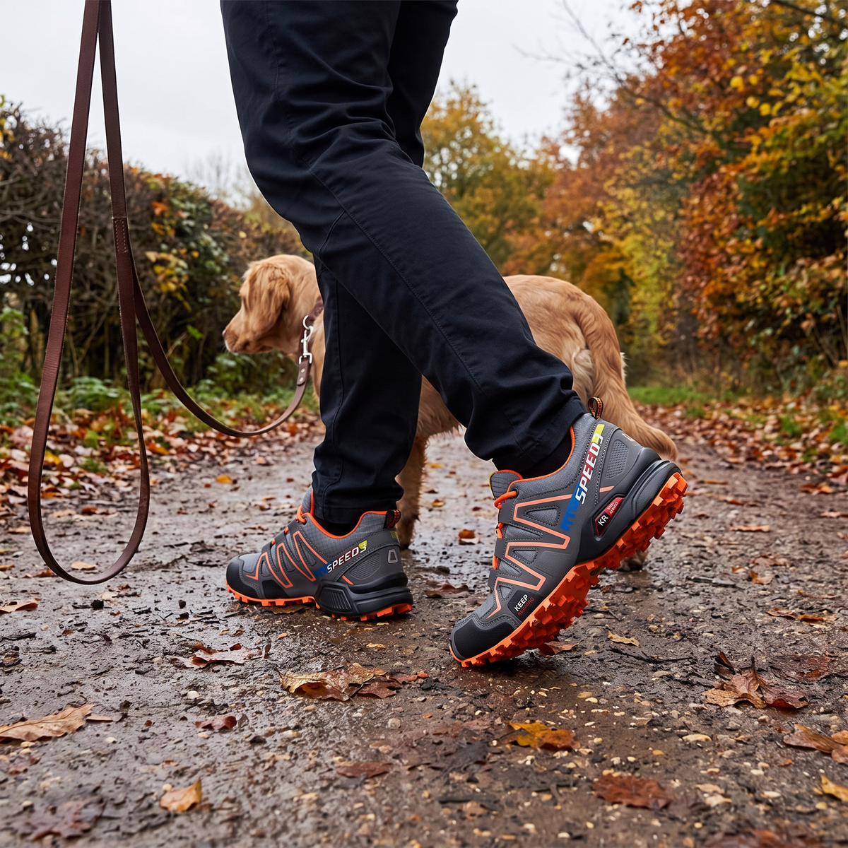 Man wearing trail running shoes on outdoor trail walk