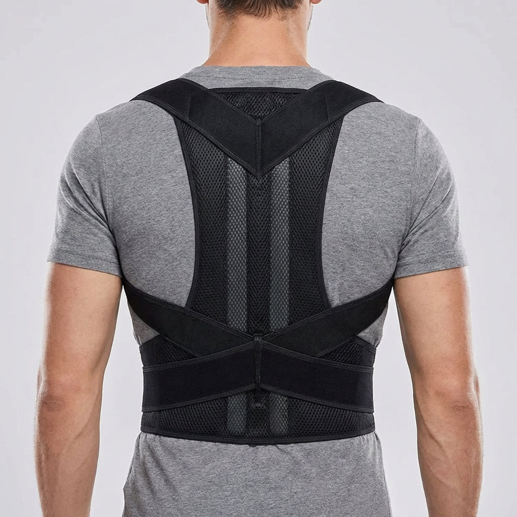 Back support brace in Black worn over a grey T-shirt, back view