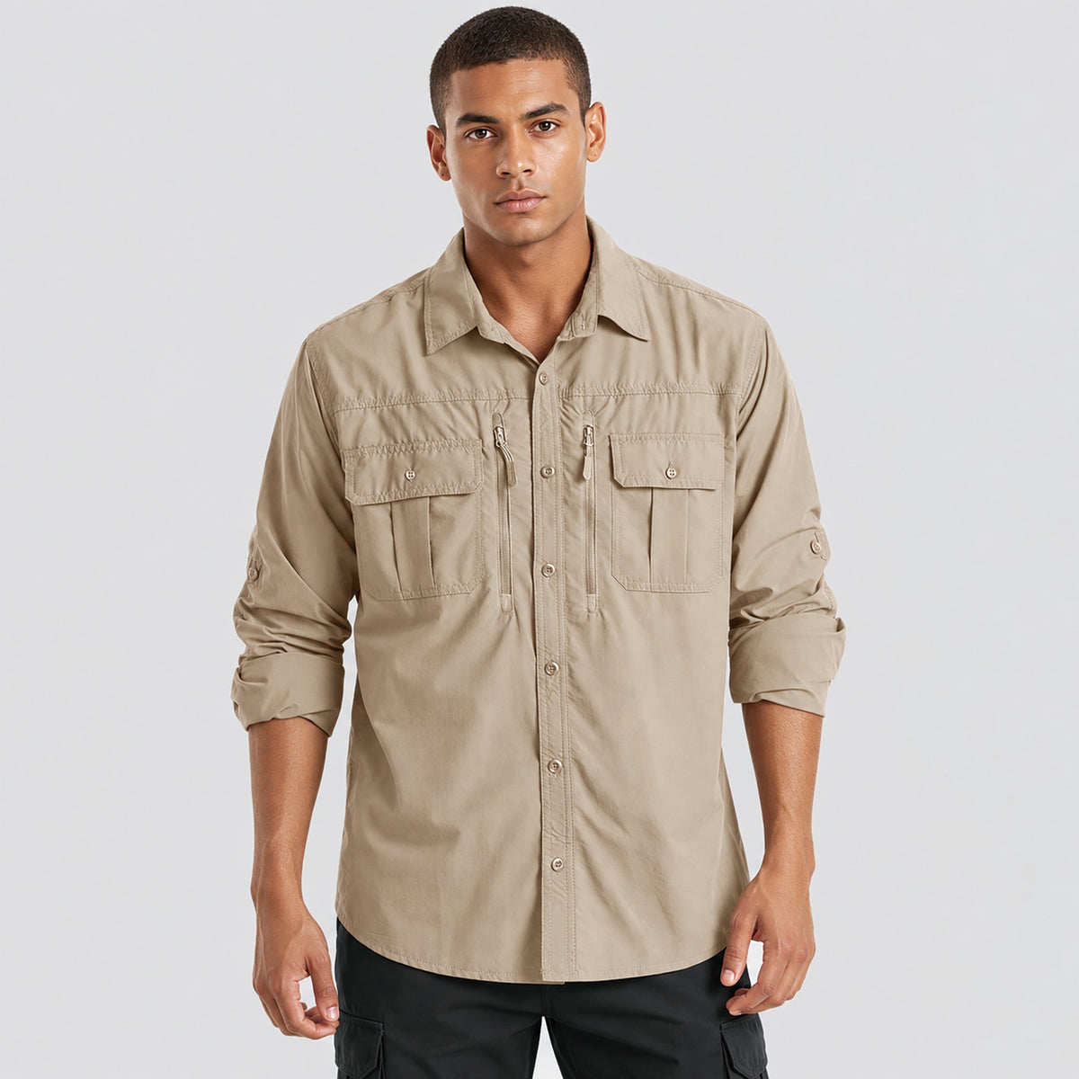 Man wearing the men's hiking shirt in Khaki, front view
