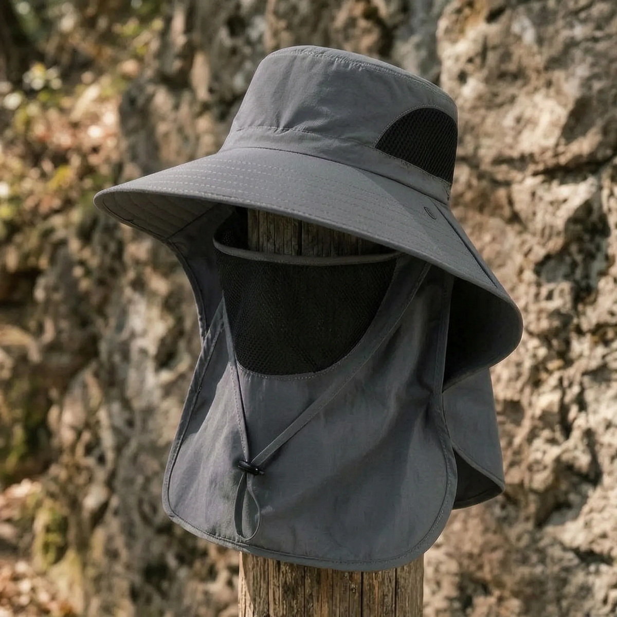 Fishing hat in Dark Grey with face cover and neck flap