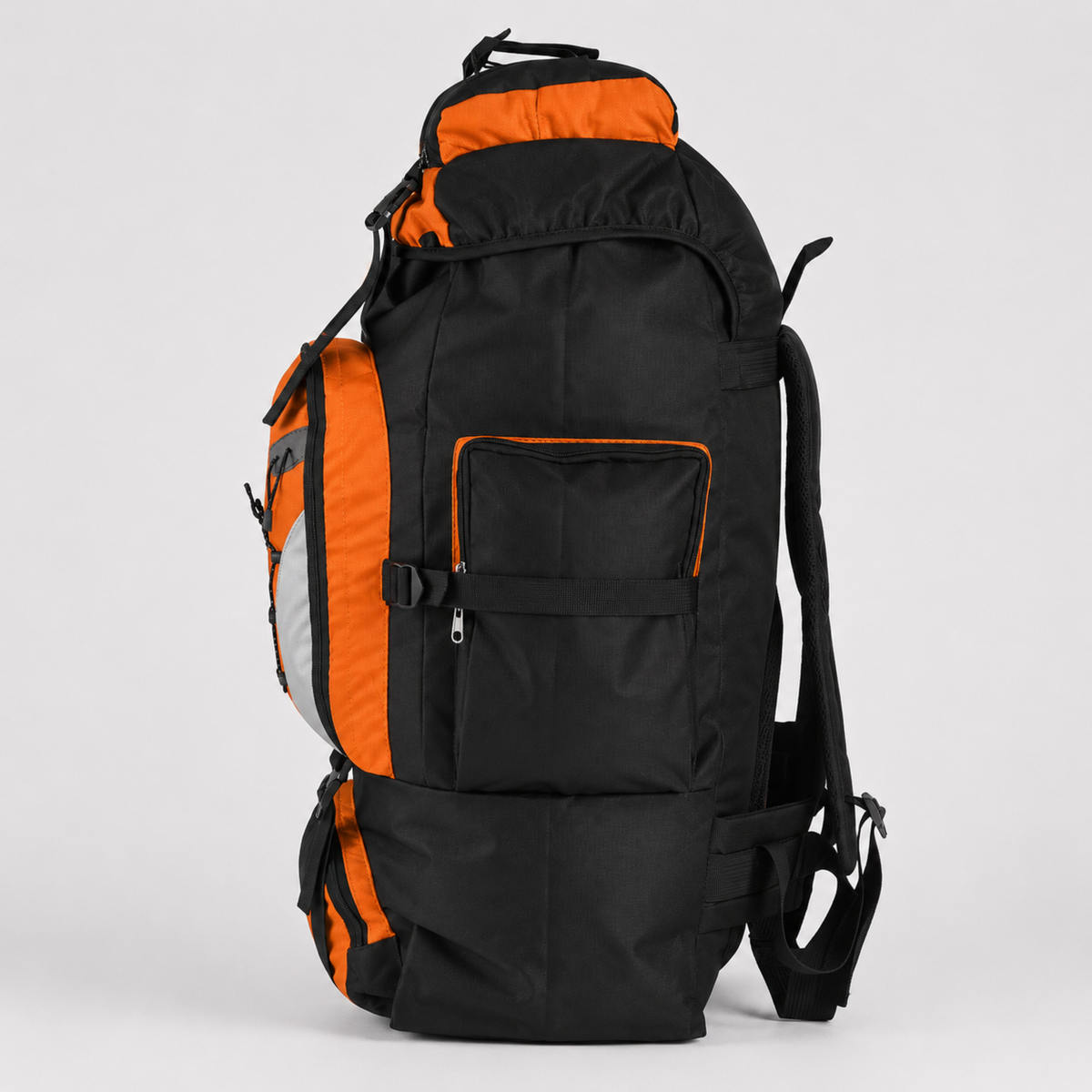 80L hiking rucksack, side view with side pocket and shoulder strap