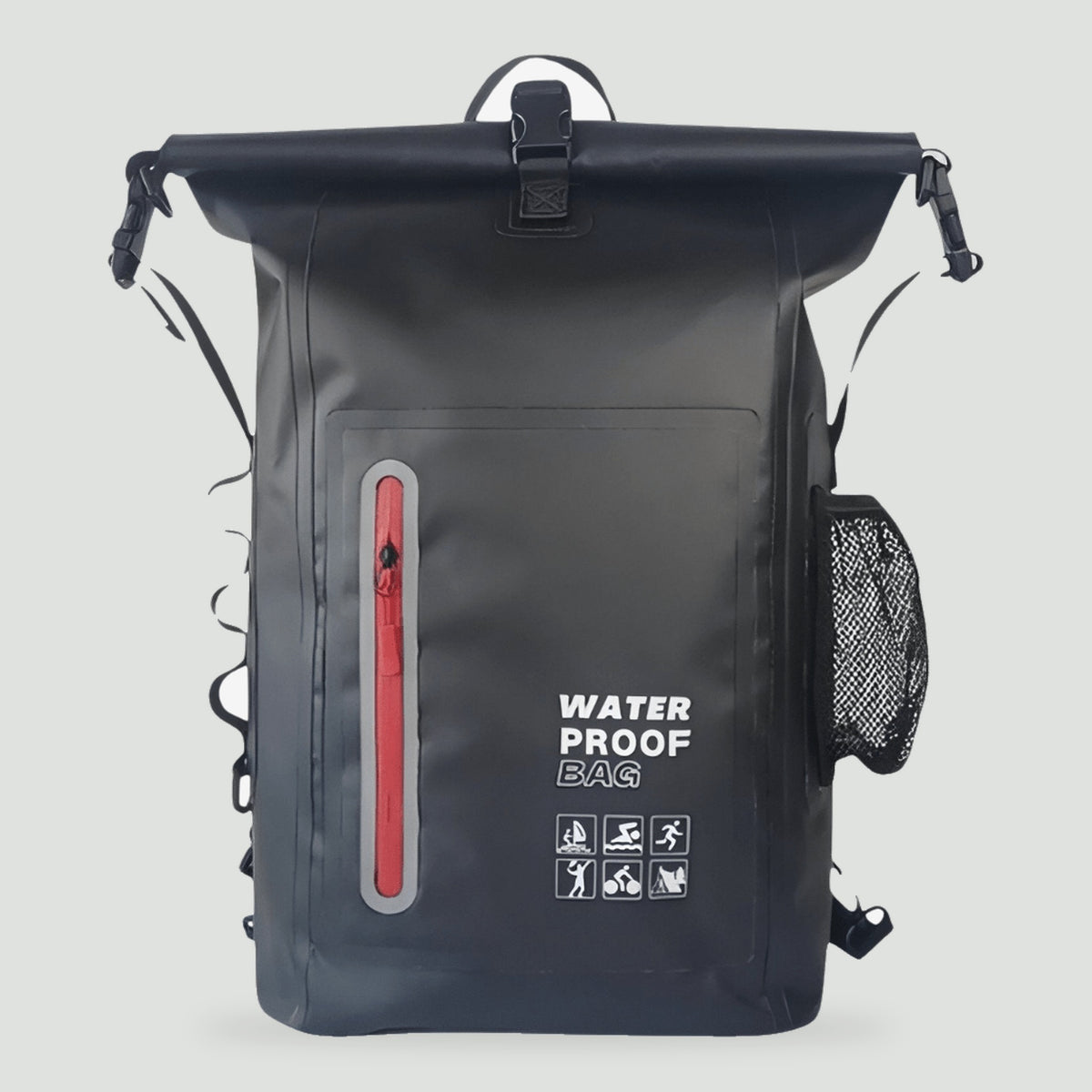 30L waterproof roll top backpack in Black, front view