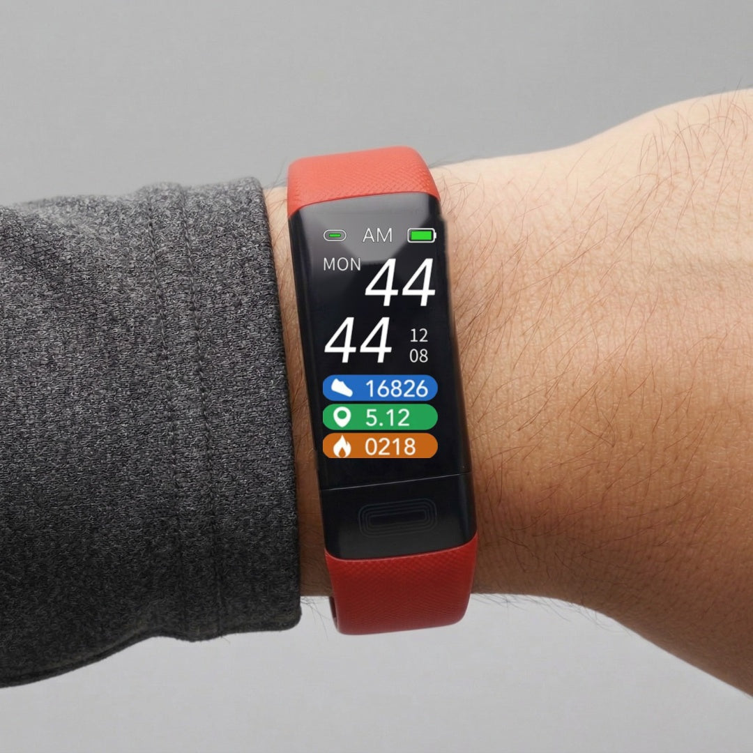 Smart watch fitness tracker in Red worn on the wrist