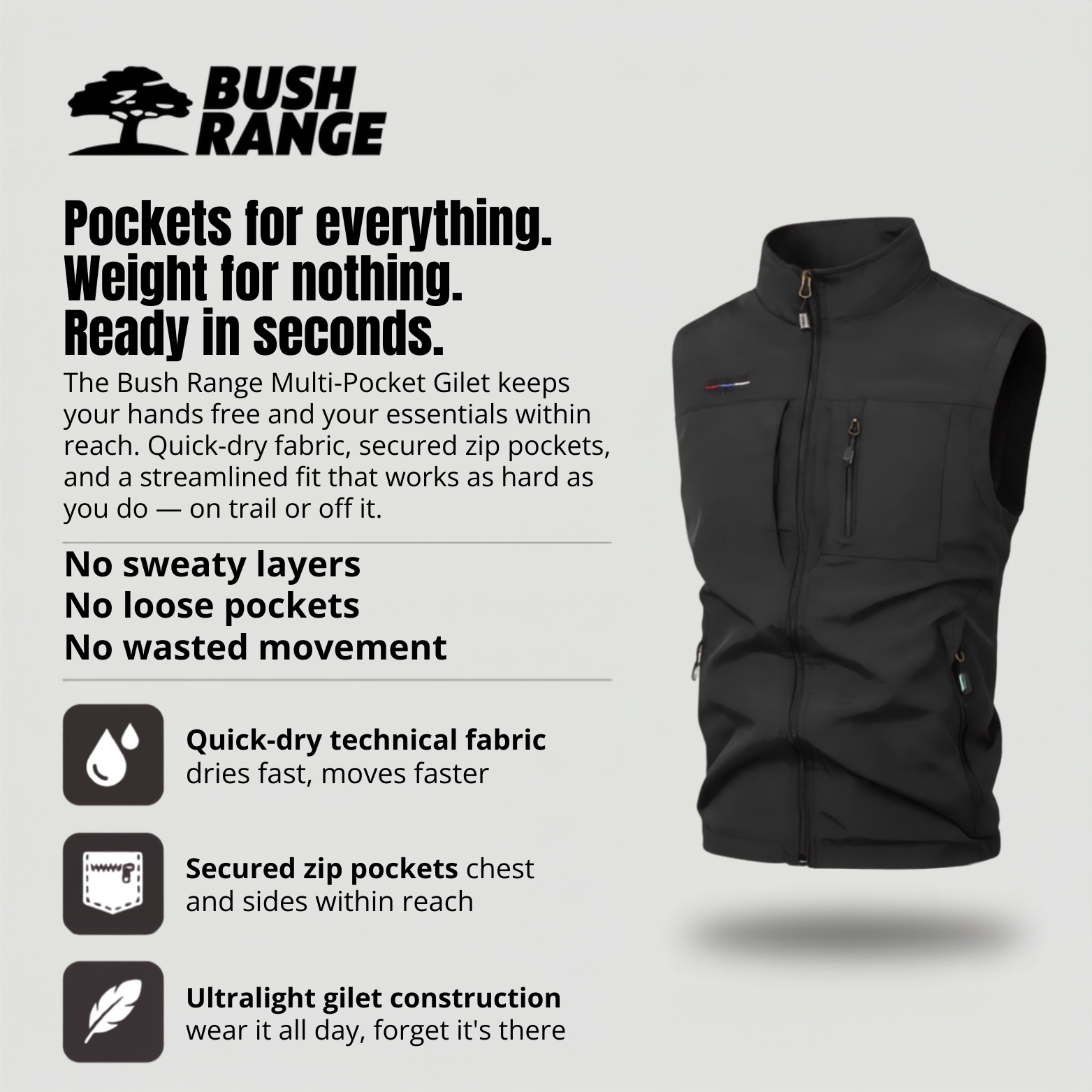 Lightweight Multi-Pocket Outdoor Vest – Quick-Dry Layer for Hiking and Travel