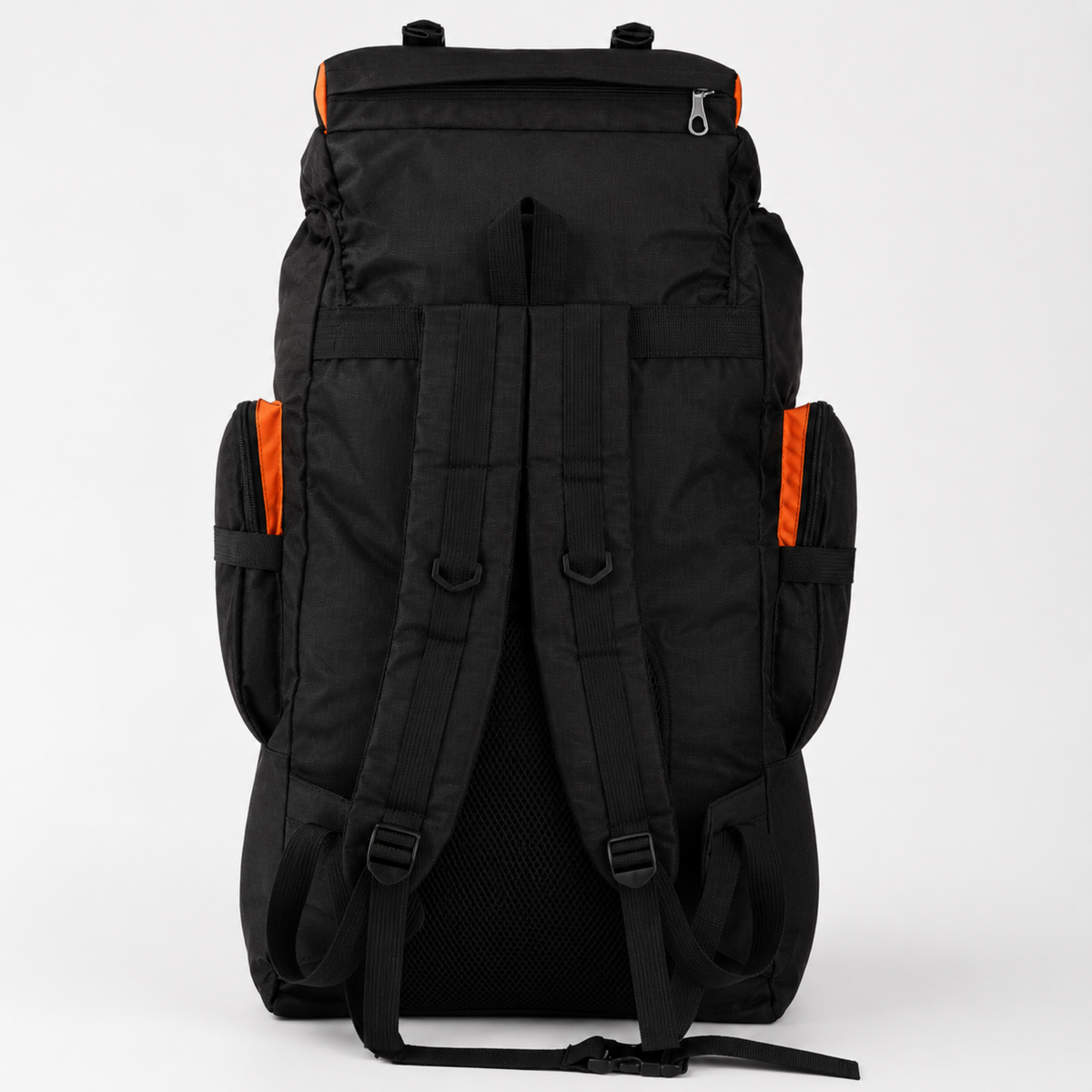 80L hiking rucksack, back view with padded shoulder straps and hip belt