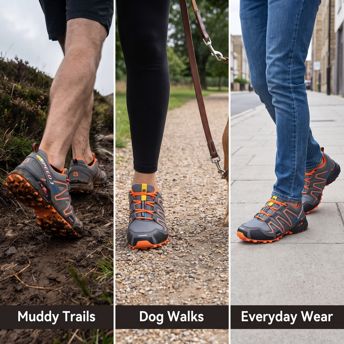 trail shoes lifestyle triptych - muddy trails, dog walks, everyday streets
