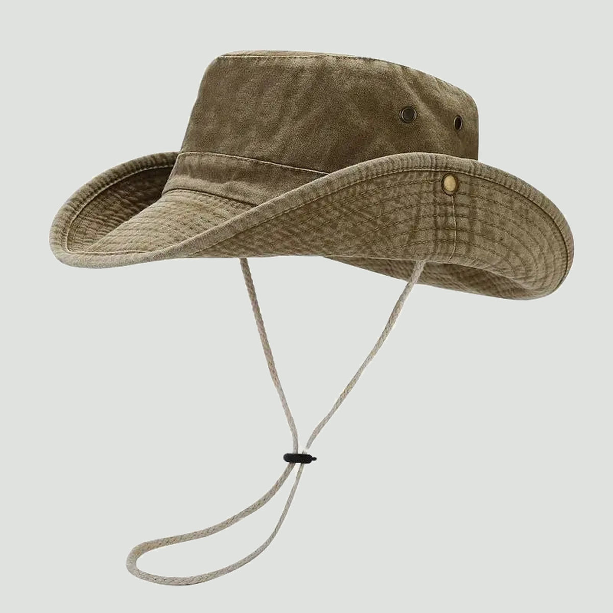 Wide brim hat in Khaki washed cotton with chin cord, three-quarter view