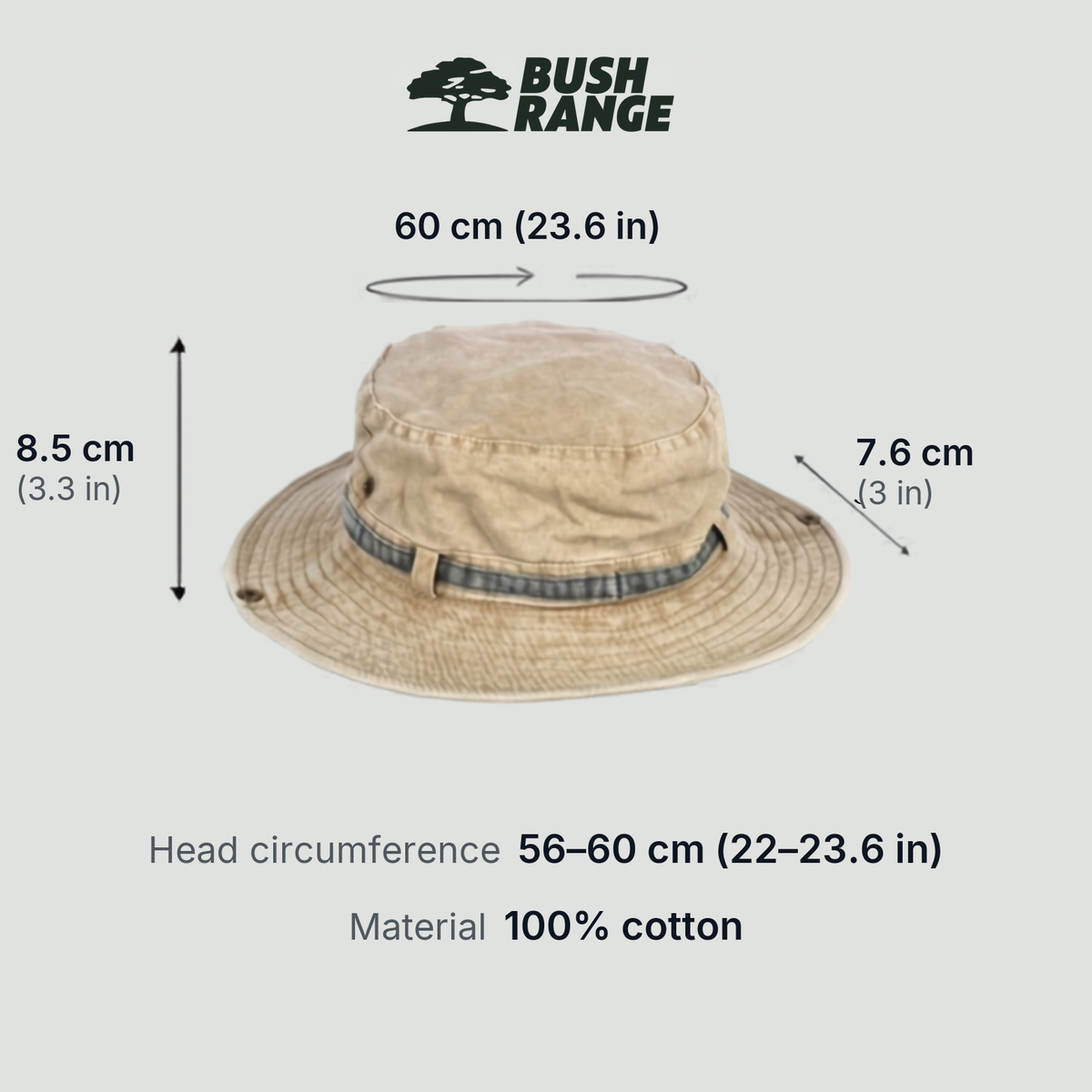 Boonie hat size: head circumference 56-60 cm (22-23.6 in), crown height 8.5 cm (3.3 in), brim 7.6 cm (3 in), 100% cotton