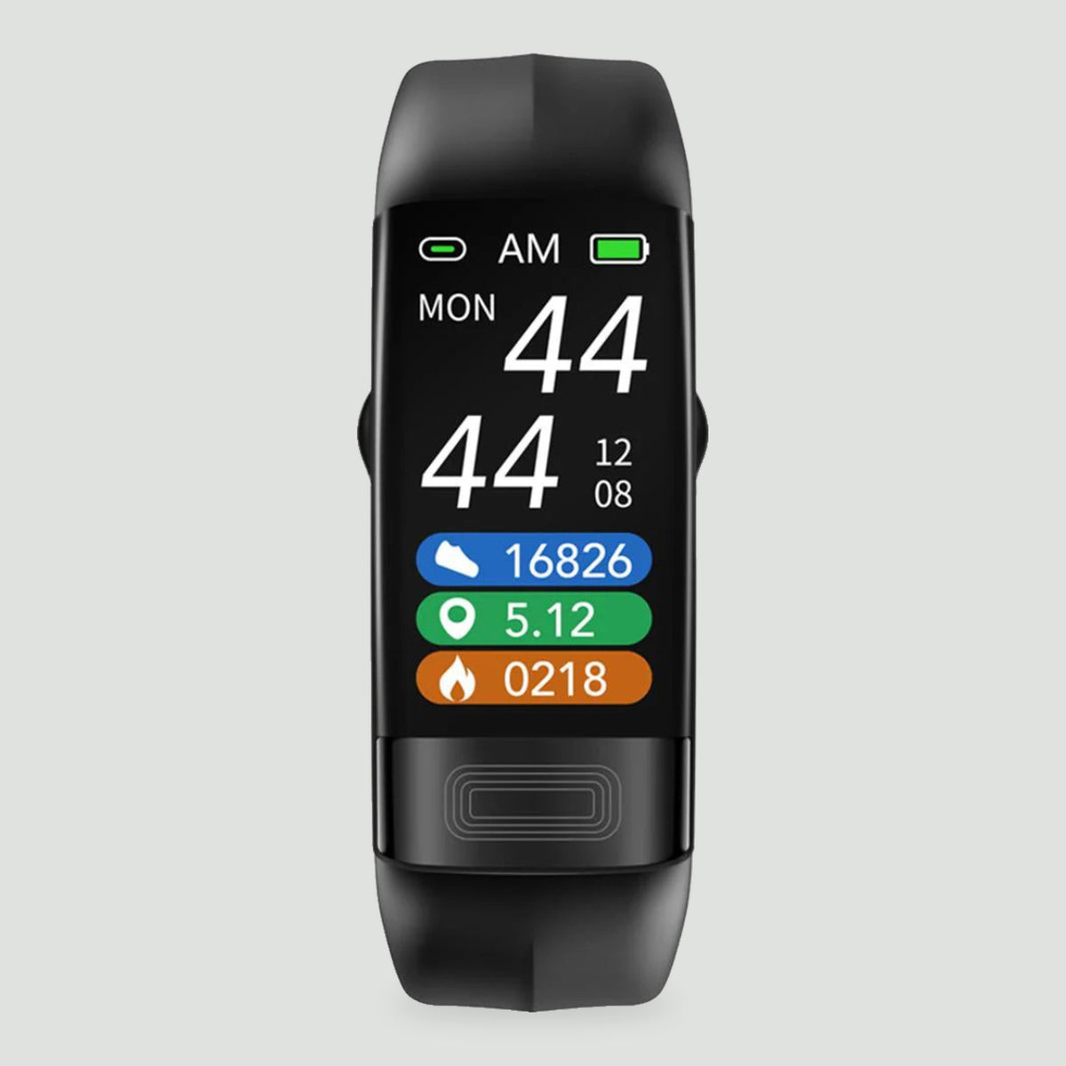 Smart watch fitness tracker in Black, front view with the time and step screen