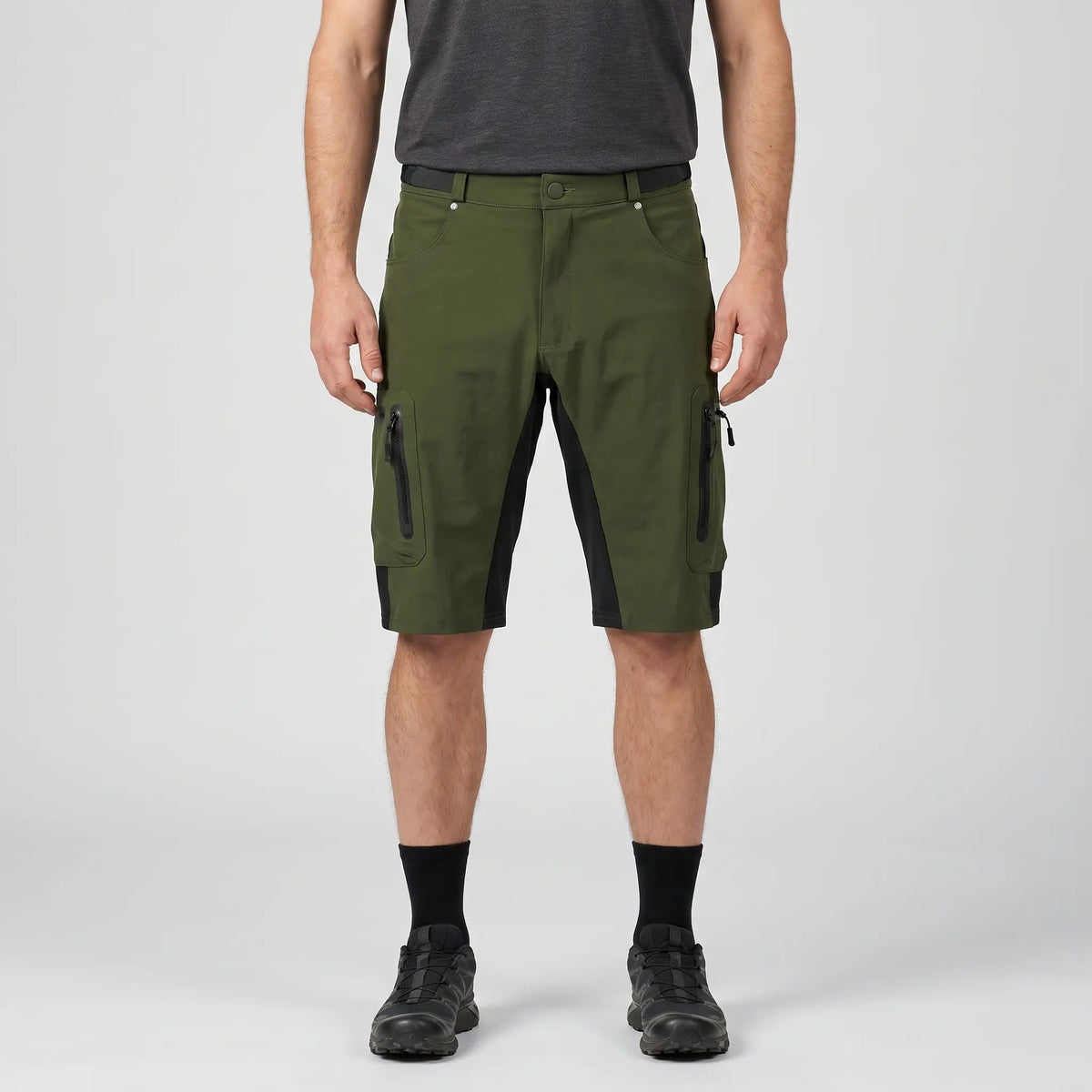 Olive Green MTB shorts worn, front view