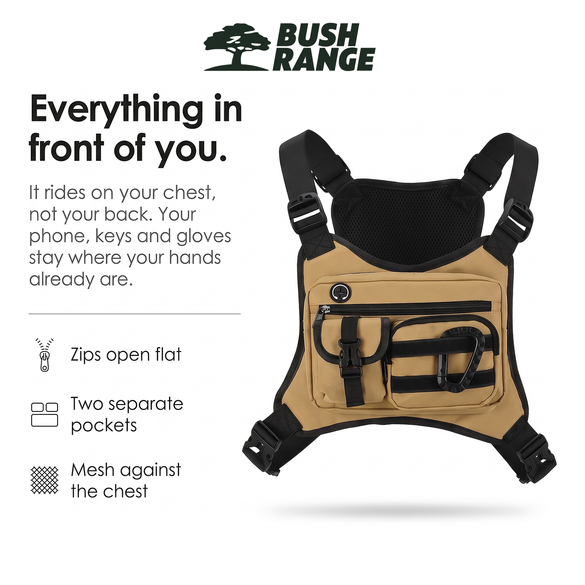 How the chest bag works: zips open flat, two pockets, mesh back