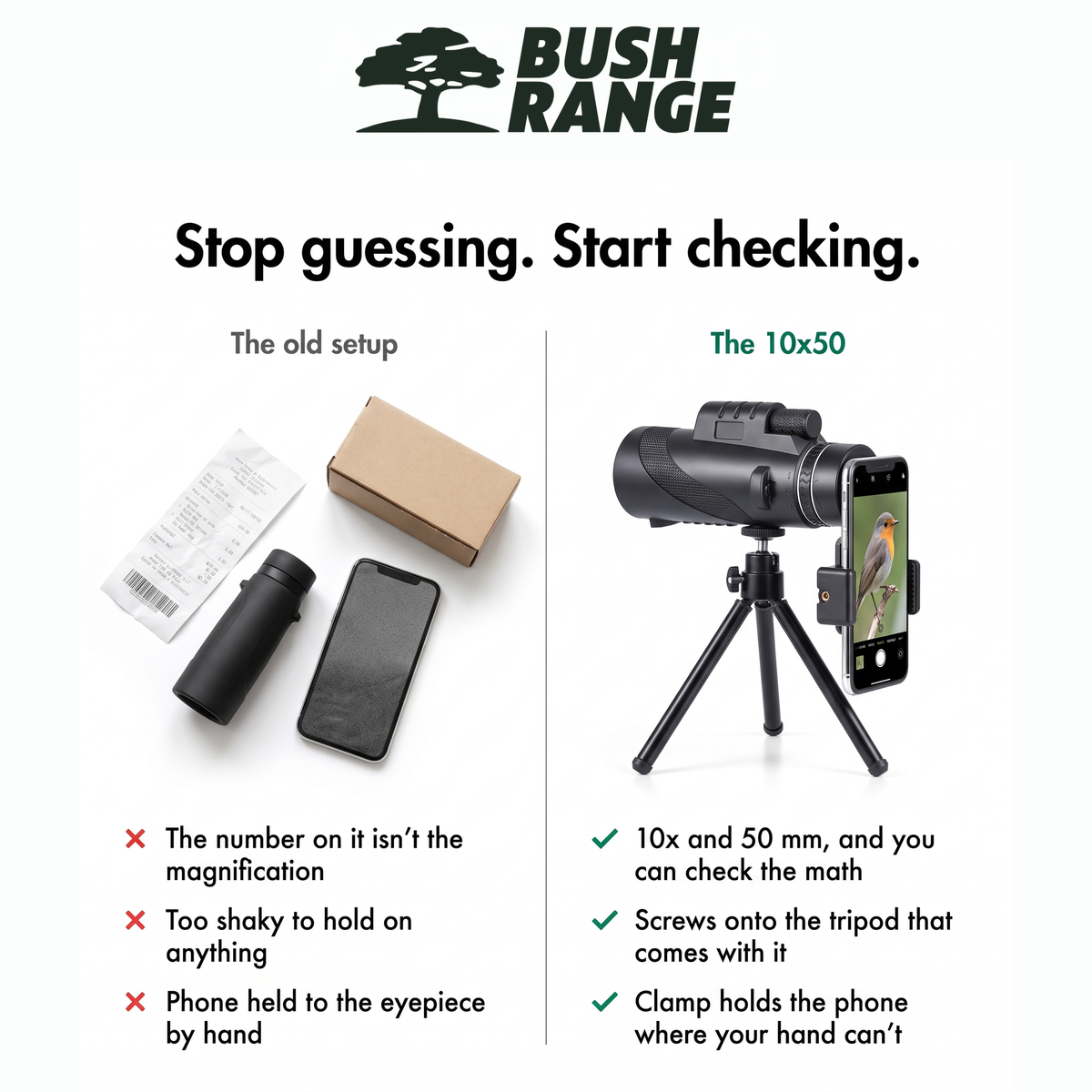 The 10x50 monocular with its tripod and phone clamp compared with an old setup