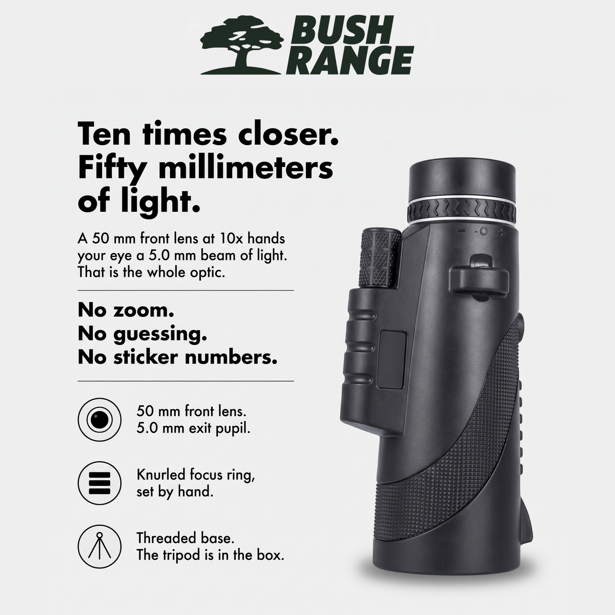 How the 10x50 monocular works: a 50 mm front lens at 10x gives a 5.0 mm exit pupil