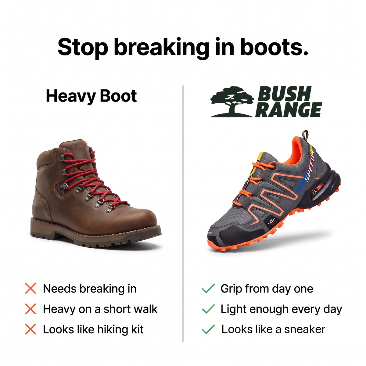 Men's trail running shoes vs heavy hiking boot comparison: grip from day one, light enough every day, looks like a sneaker