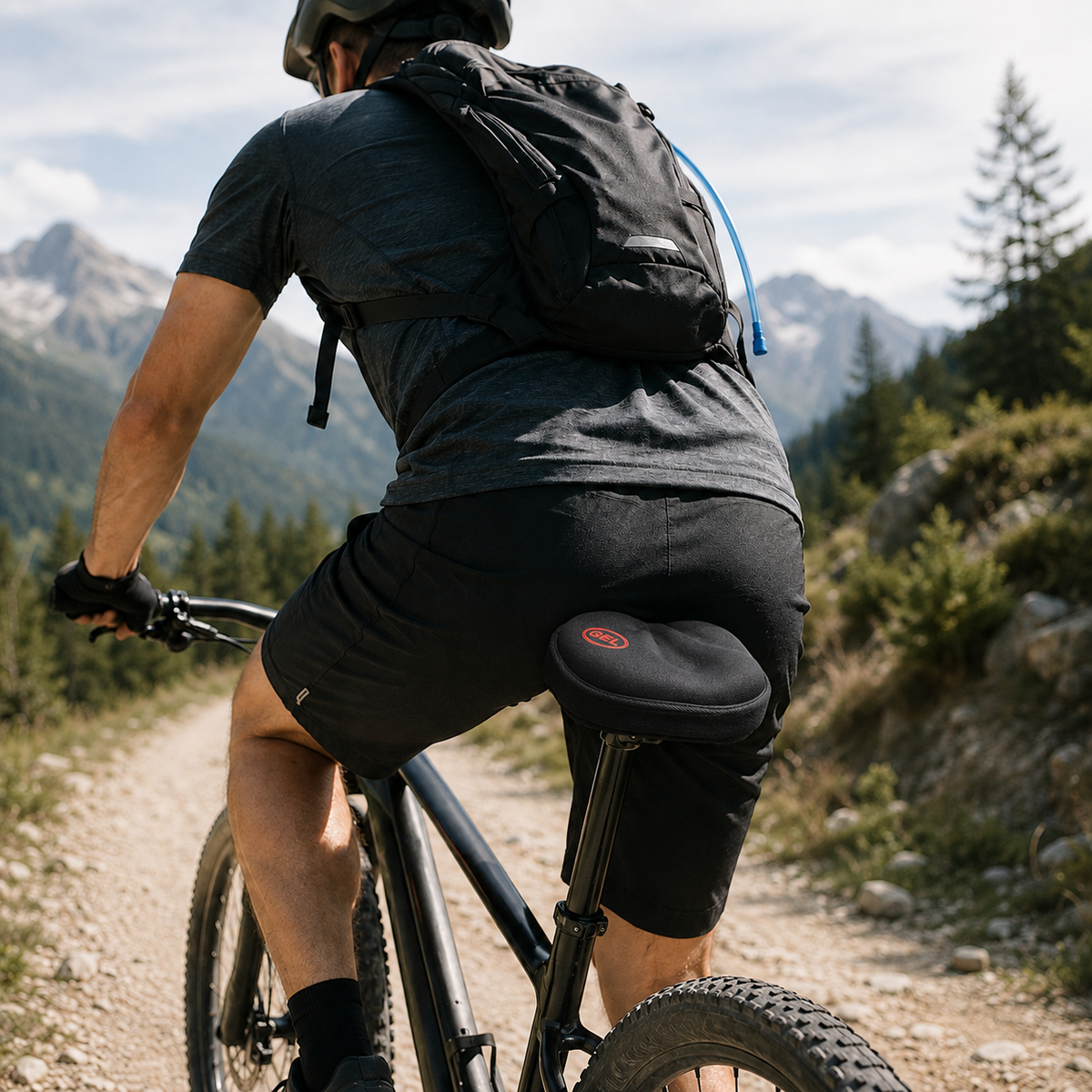 Mountain biker on a trail riding with the padded bike seat cover